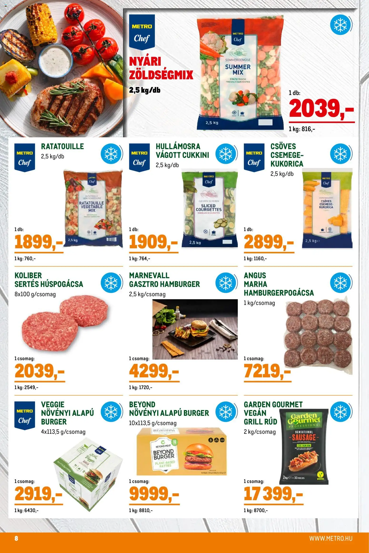 Metro akciós ujság - amely érvényes a következő dátumtól: 07.04.2026 | Oldal: 8 | Termékek: Hamburgerpogácsa, Hamburger, Cukkini, Vegán