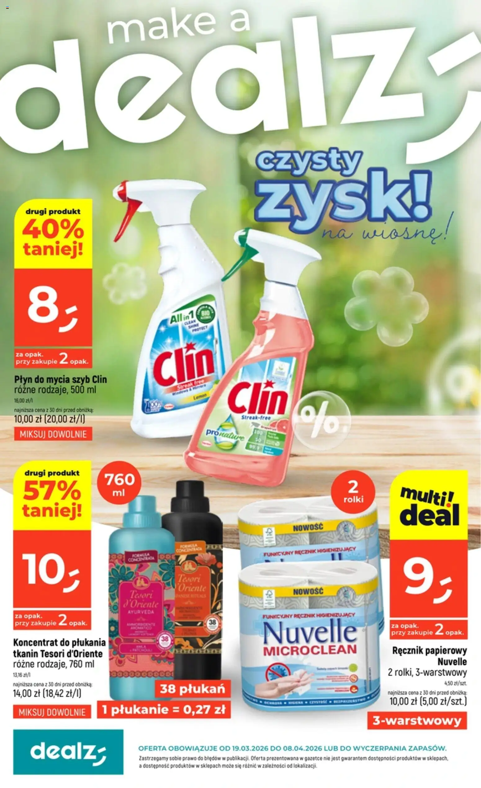 Dealz gazetka - Czysty zysk od 19.03.2026 | Strona: 1 | Produkty: Tesori d'oriente, Płyn do mycia szyb, Rolki, Ręcznik papierowy