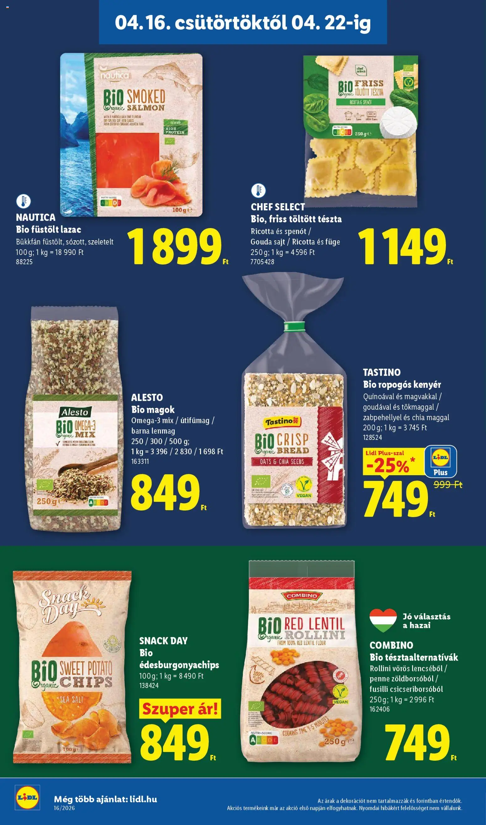 Lidl akciós ujság - amely érvényes a következő dátumtól: 16.04.2026 | Oldal: 16 | Termékek: Chips, Gouda, Penne, Spenót