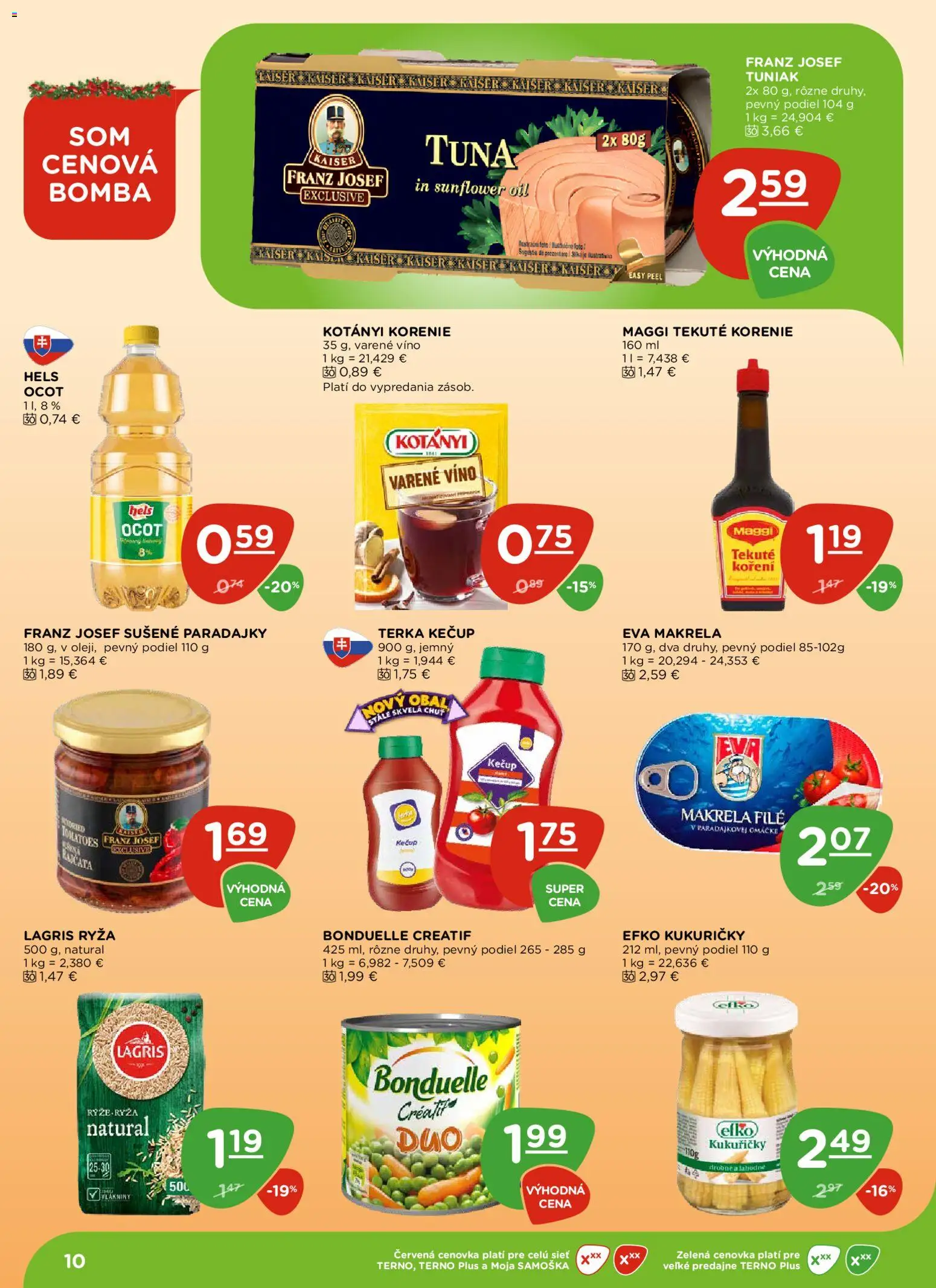 Nové Terno akcie – leták je platný od 11.12.2025 | Strana: 10 | Produkty: Tuniak, Ryža, Kečup, Ocot