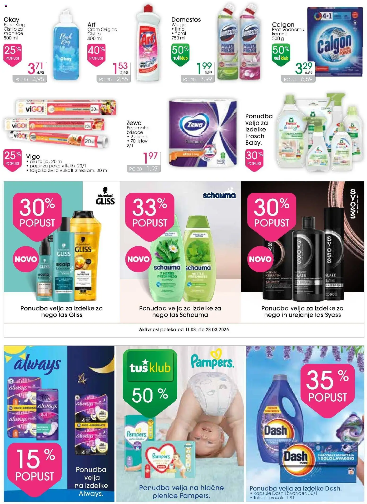 Novi Tuš drogerija katalog ponudbe – veljaven od 11.03.2026 | Stran: 13 | Izdelki: Plenice, Papirnate brisače, Detergent, Folija