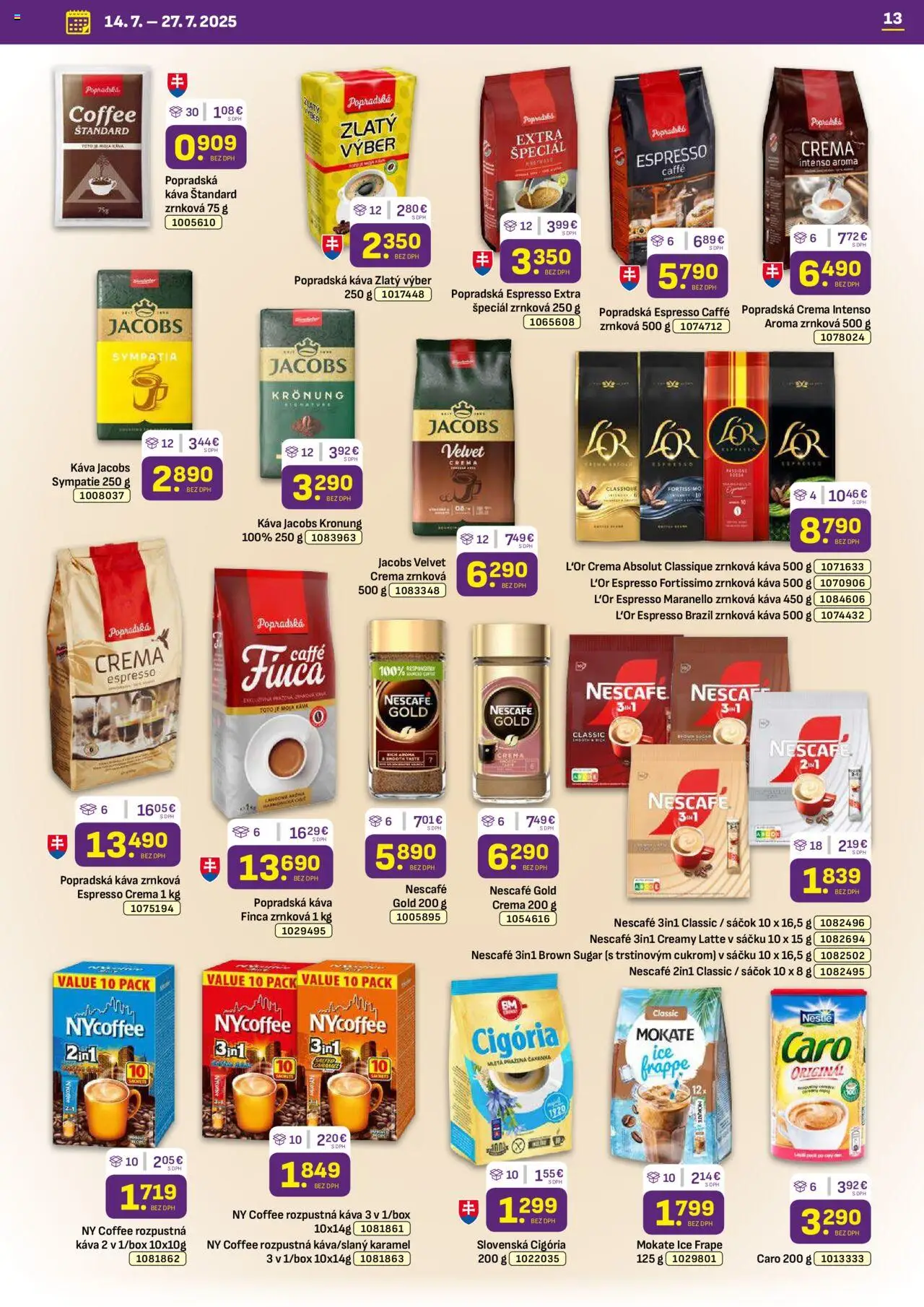 Libex leták │ platný od 14.07.2025 | Strana: 13 | Produkty: Jacobs Velvet, Káva, Popradská káva, Caro