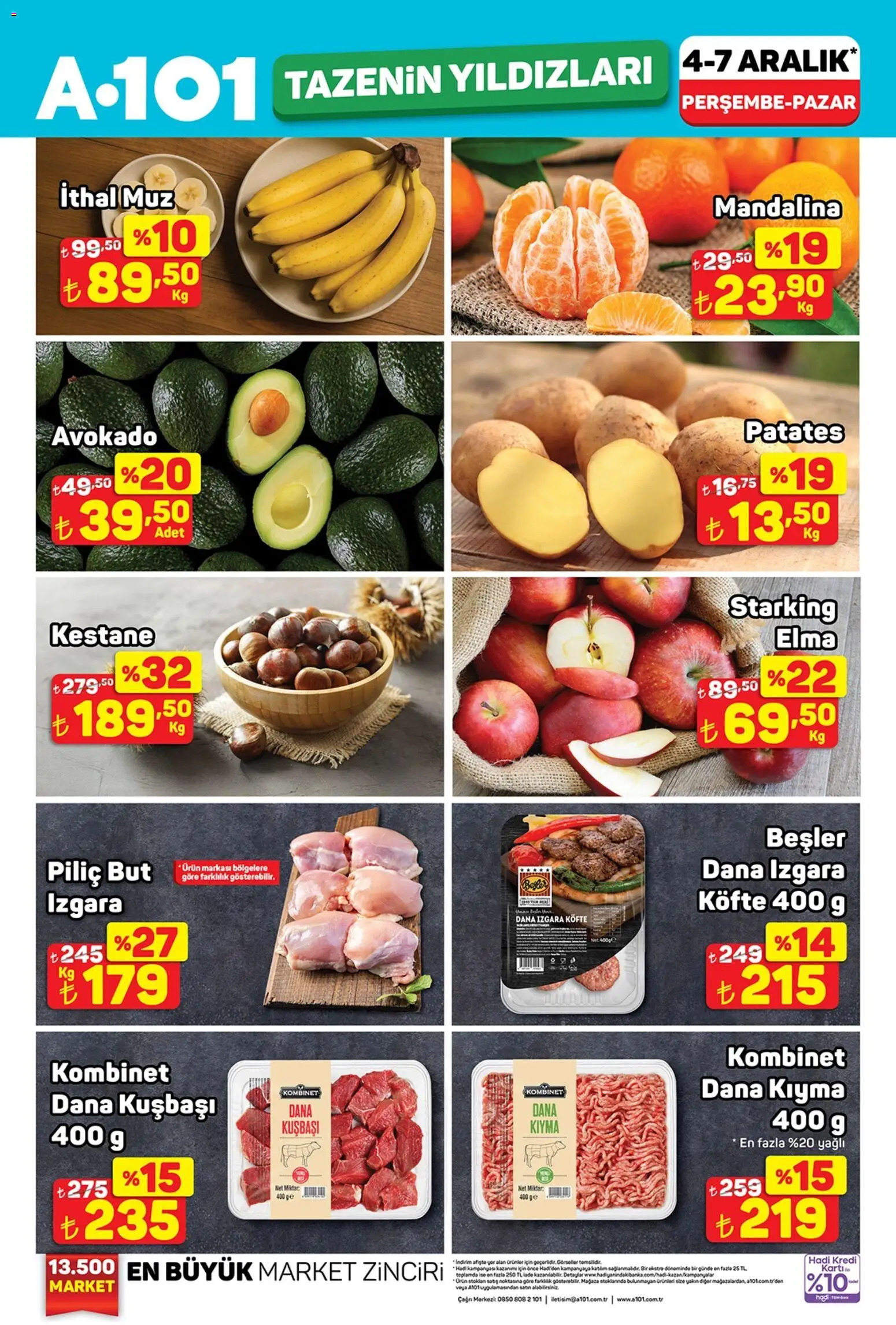 A101 Tazenin Yıldızları - 04.12.2025 tarihinden itibaren geçerlidir | Sayfa: 1 | Ürünler: Elma, Kıyma, Piliç, Dana kuşbaşı