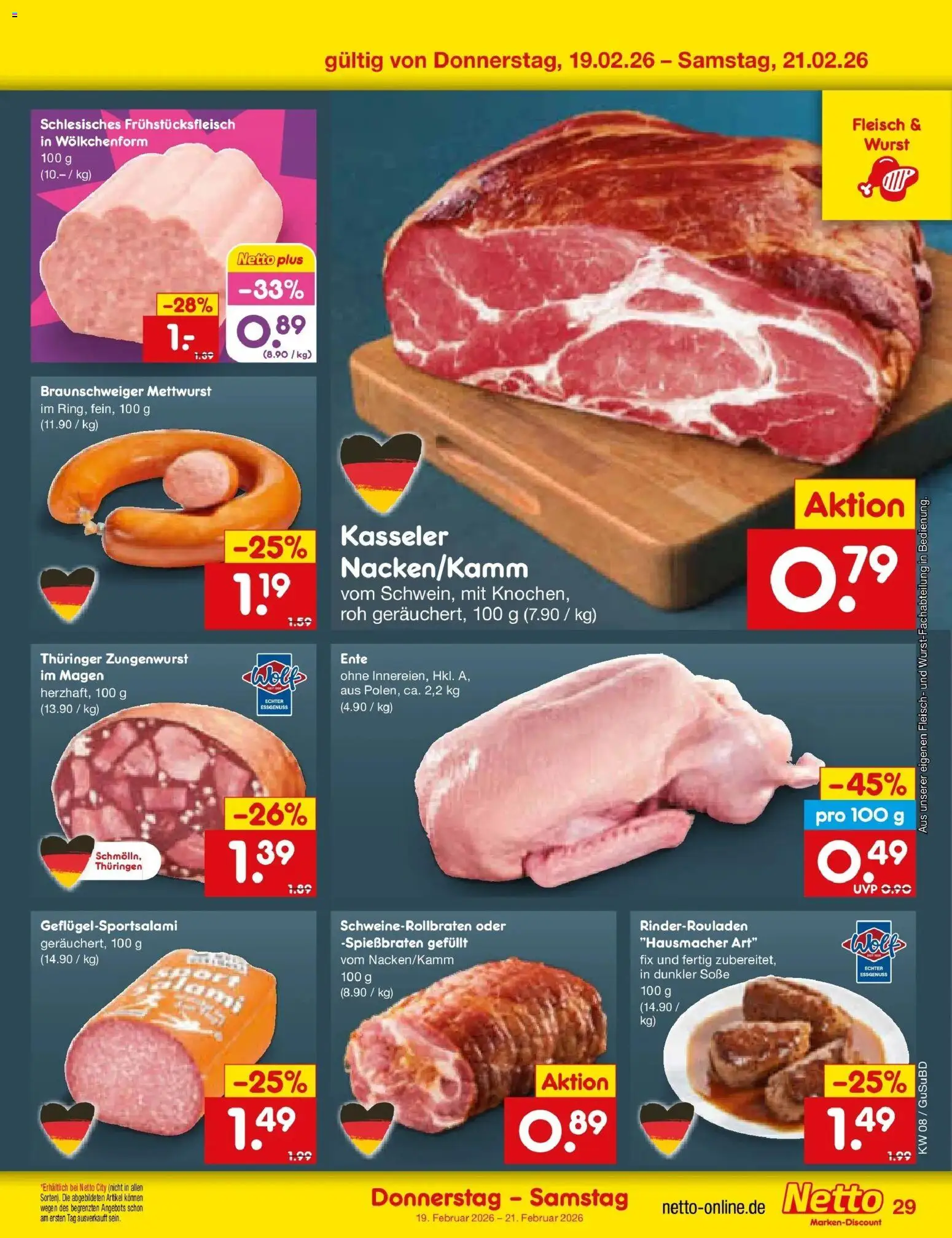 Netto Marken-Discount prospekt Glauchau	 – gültig ab 16.02.2026 | Seite: 43 | Produkte: Rinderrouladen, Soße, Wurst, Ente