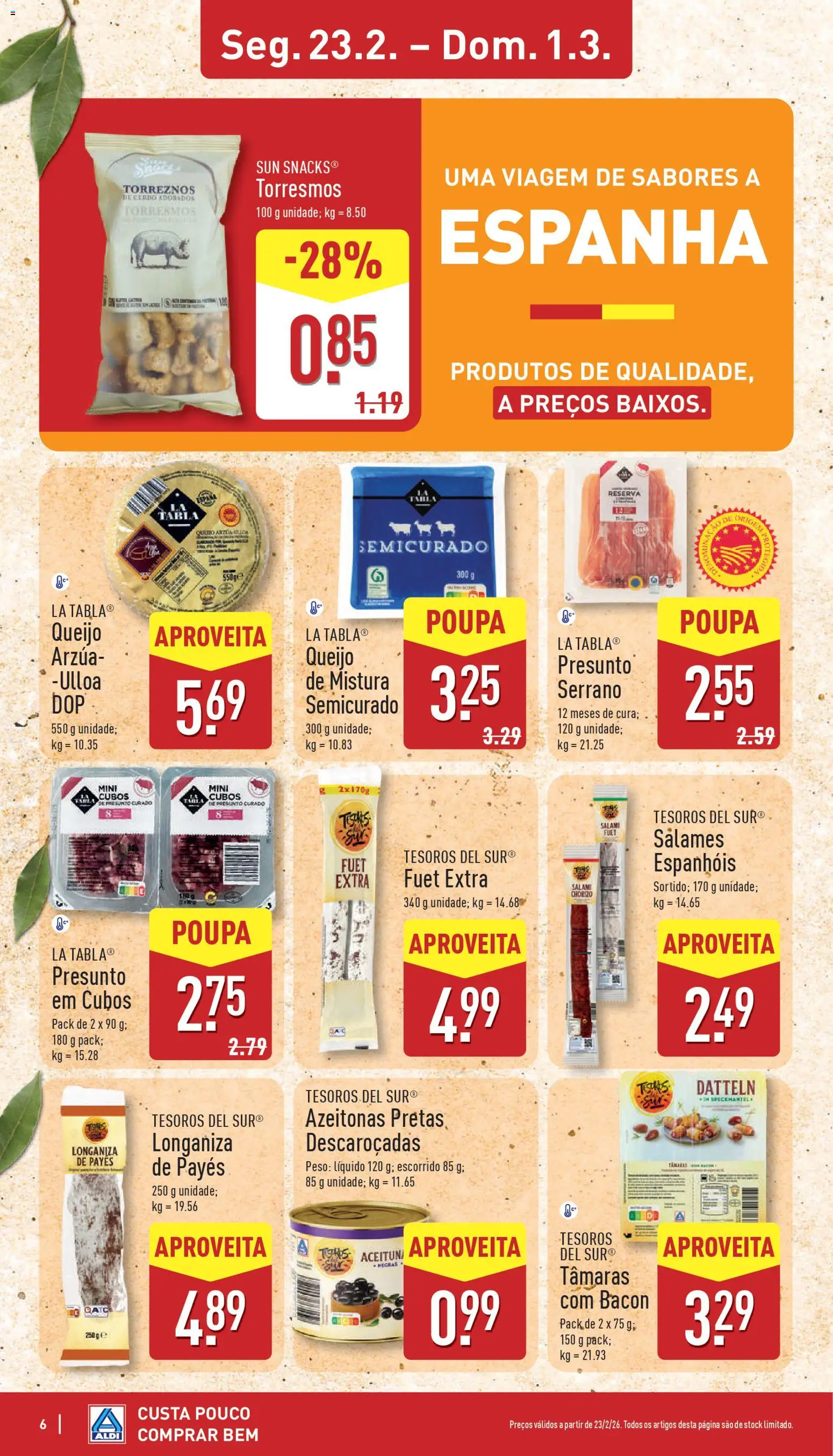 Aldi folheto │ válido de 23.02.2026 | Página: 6 | Produtos: Azeitonas, Queijo, Tâmaras, Presunto