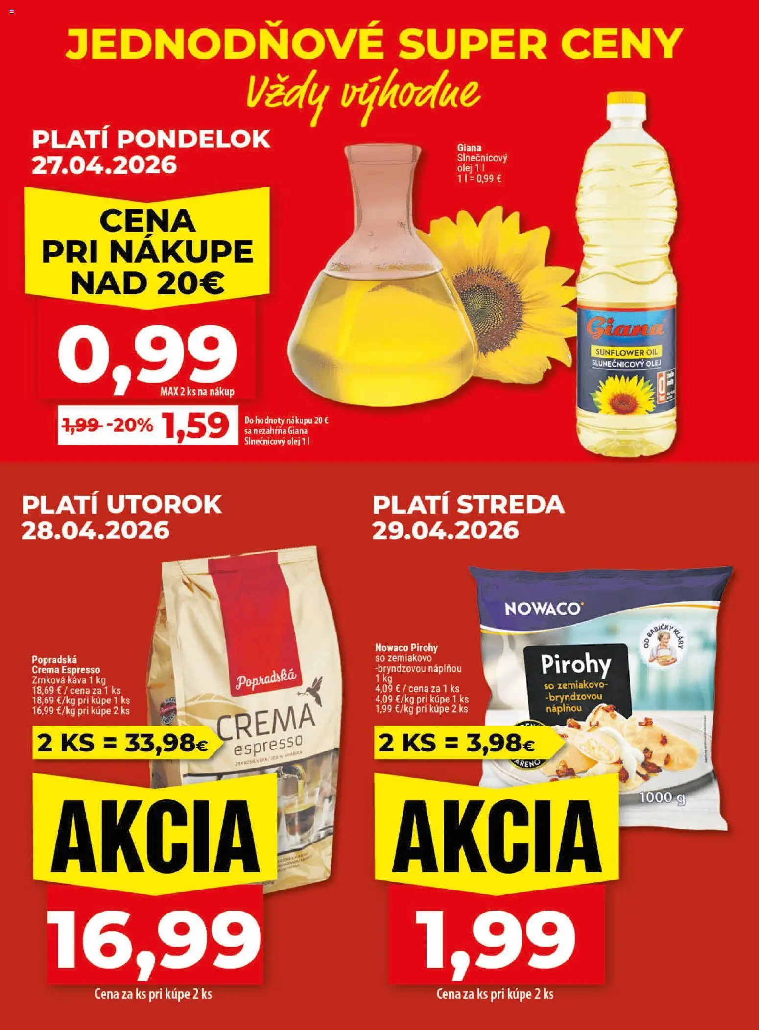 Nové Klas akcie – leták je platný od 27.04.2026 | Strana: 2 | Produkty: Olej, Pirohy, Káva, Zrnková káva
