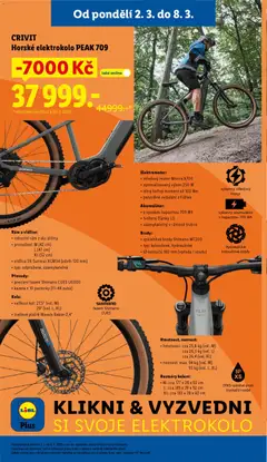 Náhled letáku CRIVIT Horské elektrokolo PEAK 709, Horské elektrokolo PEAK 709: robustní rám z alu slitiny, vidlice SR Suntour XCM34 (zdvih 120 mm), precizní řazení Shimano CUES U6000, kazeta s 10 pastorky (11-48 zubů), středový motor Mivice X700, optimalizovaný výkon 250 W, silný točivý moment až 100 Nm, akumulátor s vysokou kapacitou 709 Wh, spolehlivé brzdy Shimano MT200, kotoučové, hydraulické. od 02.03.2026 | Strana: 37 | Produkty: Elektrokolo, Kola