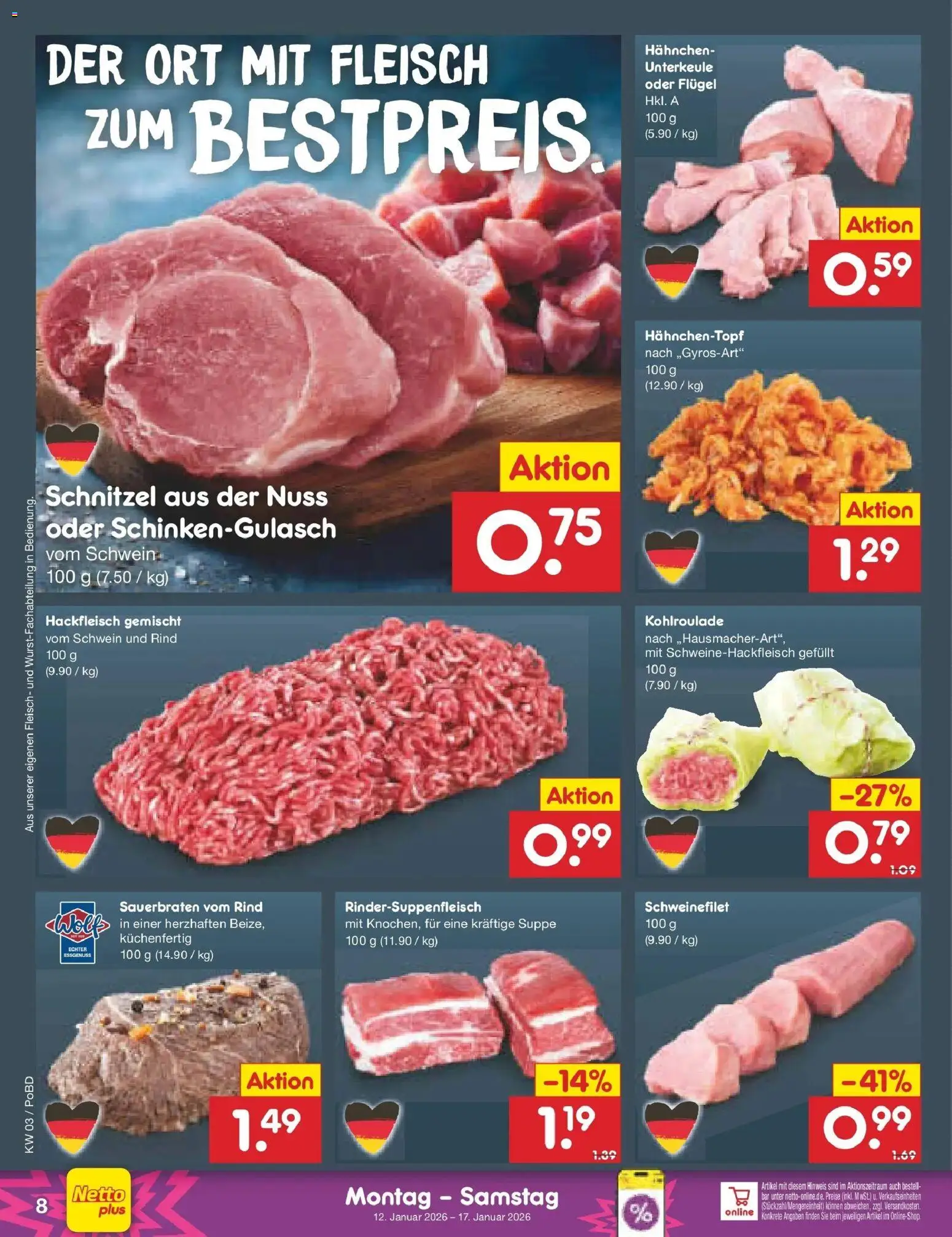 Netto Marken-Discount prospekt Selb	 – gültig ab 12.01.2026 | Seite: 8 | Produkte: Hahnchen, Schnitzel, Schweinefilet, Fleisch