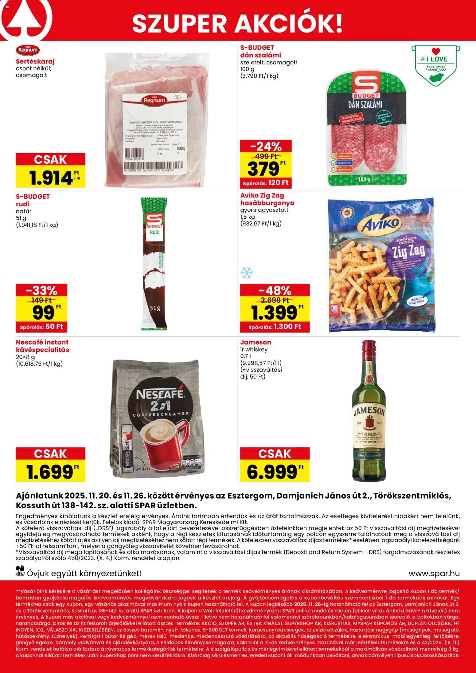 Spar akciós ujság - amely érvényes a következő dátumtól: 20.11.2025 | Oldal: 2 | Termékek: Nescafé, Sertéskaraj, Irish whiskey, Hasábburgonya