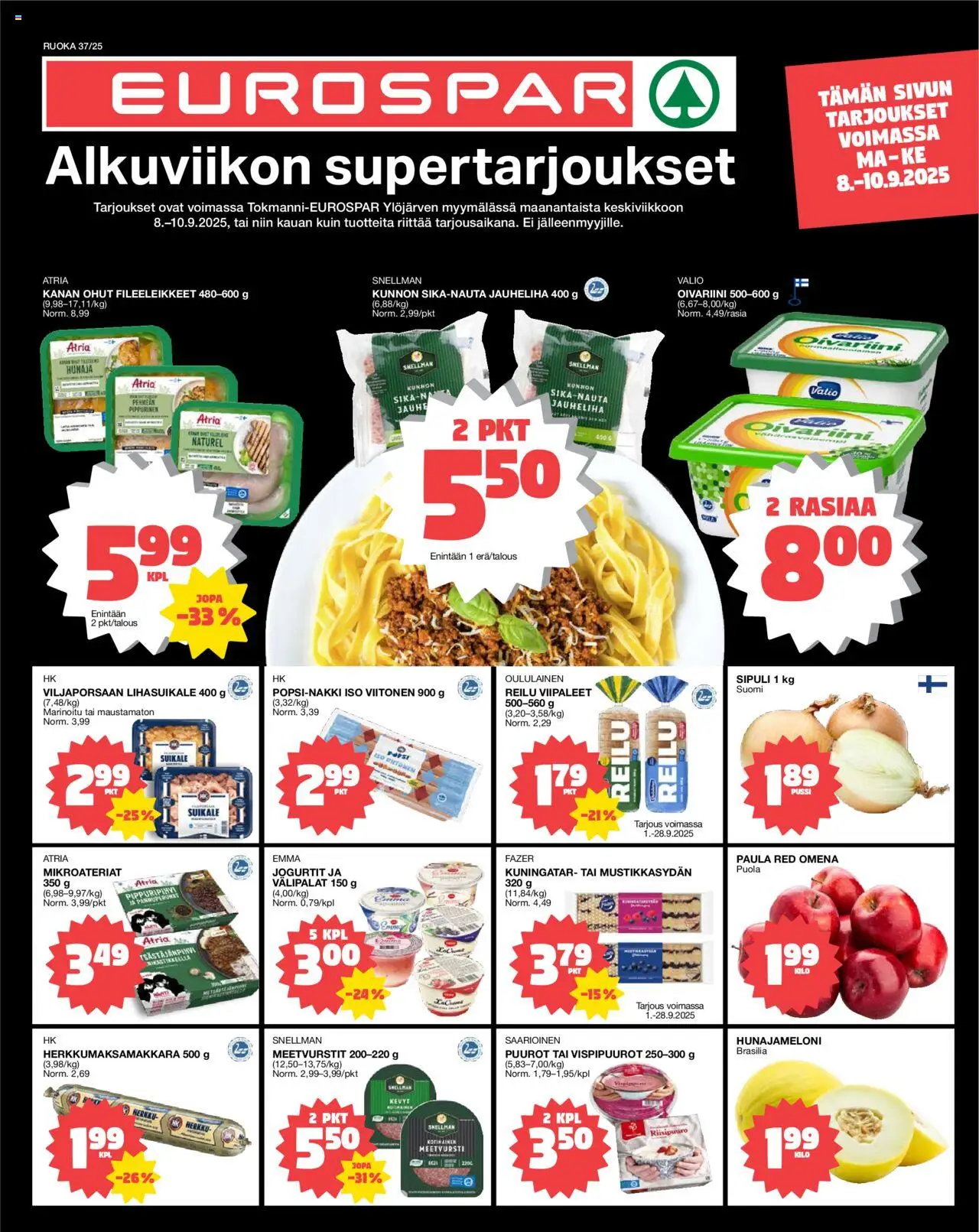 Tokmanni - EUROSPAR Ylöjärvi Ruokasanomat – voimassa 08.09.2025 alkaen | Sivu: 1 | Tuotteet: Meetvursti, Jauheliha, Hunaja, Hunajameloni