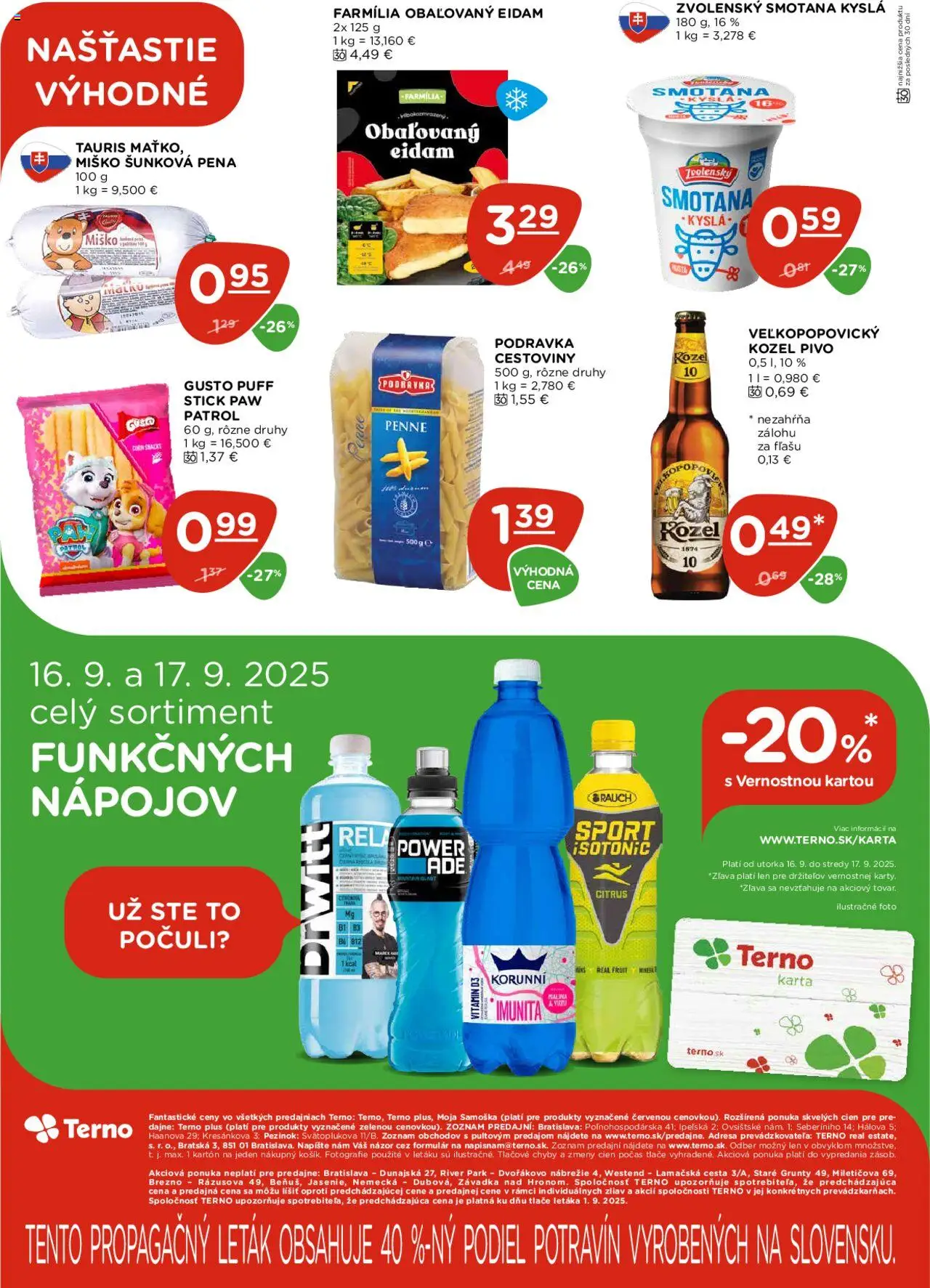 Nové Terno akcie – leták je platný od 11.09.2025 | Strana: 20 | Produkty: Pivo, Penne, Cestoviny, Smotana