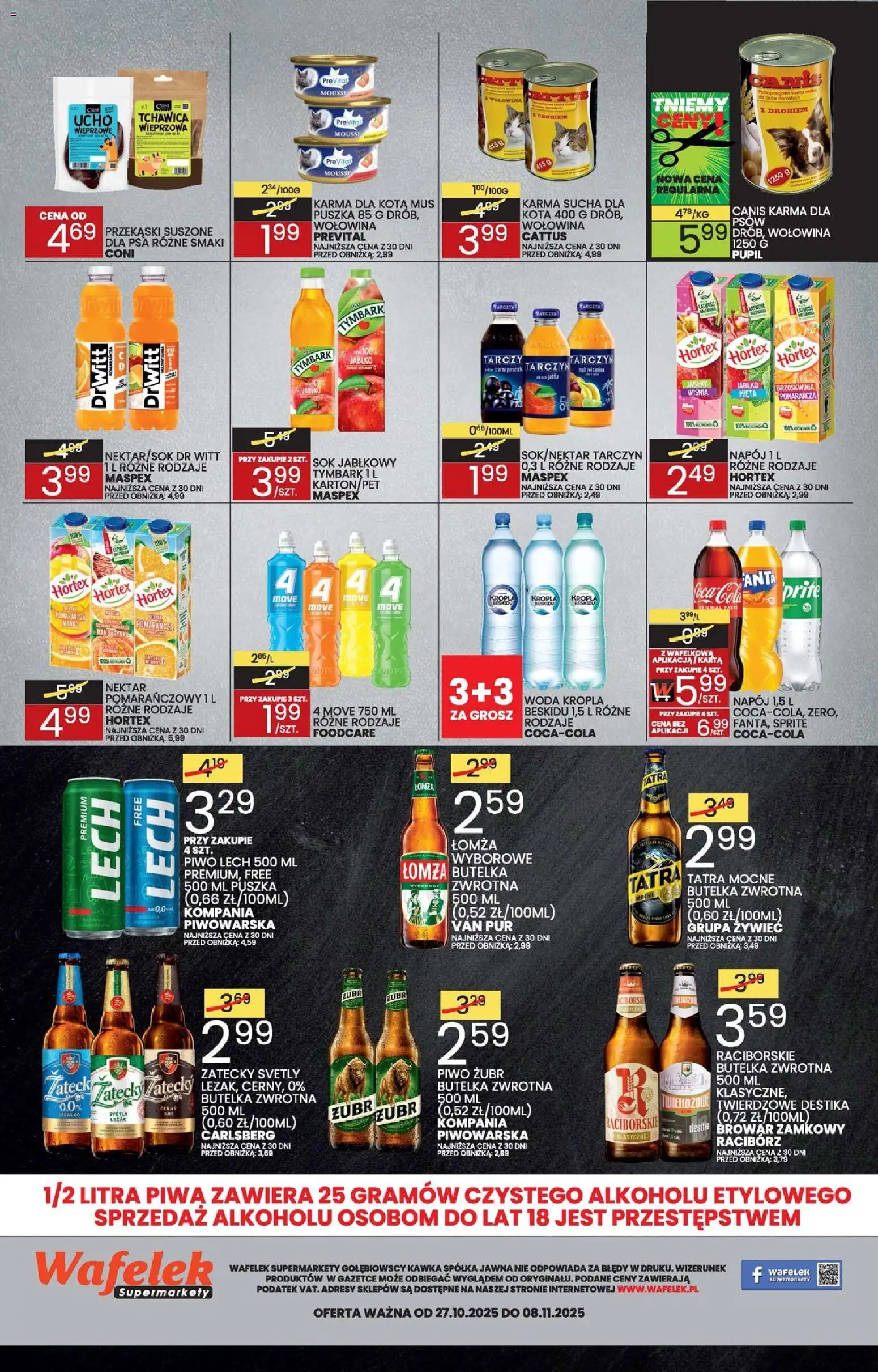 Wafelek Gazetka od 27.10.2025 | Strona: 8 | Produkty: Piwo żubr, Sprite, Sok, Wołowina