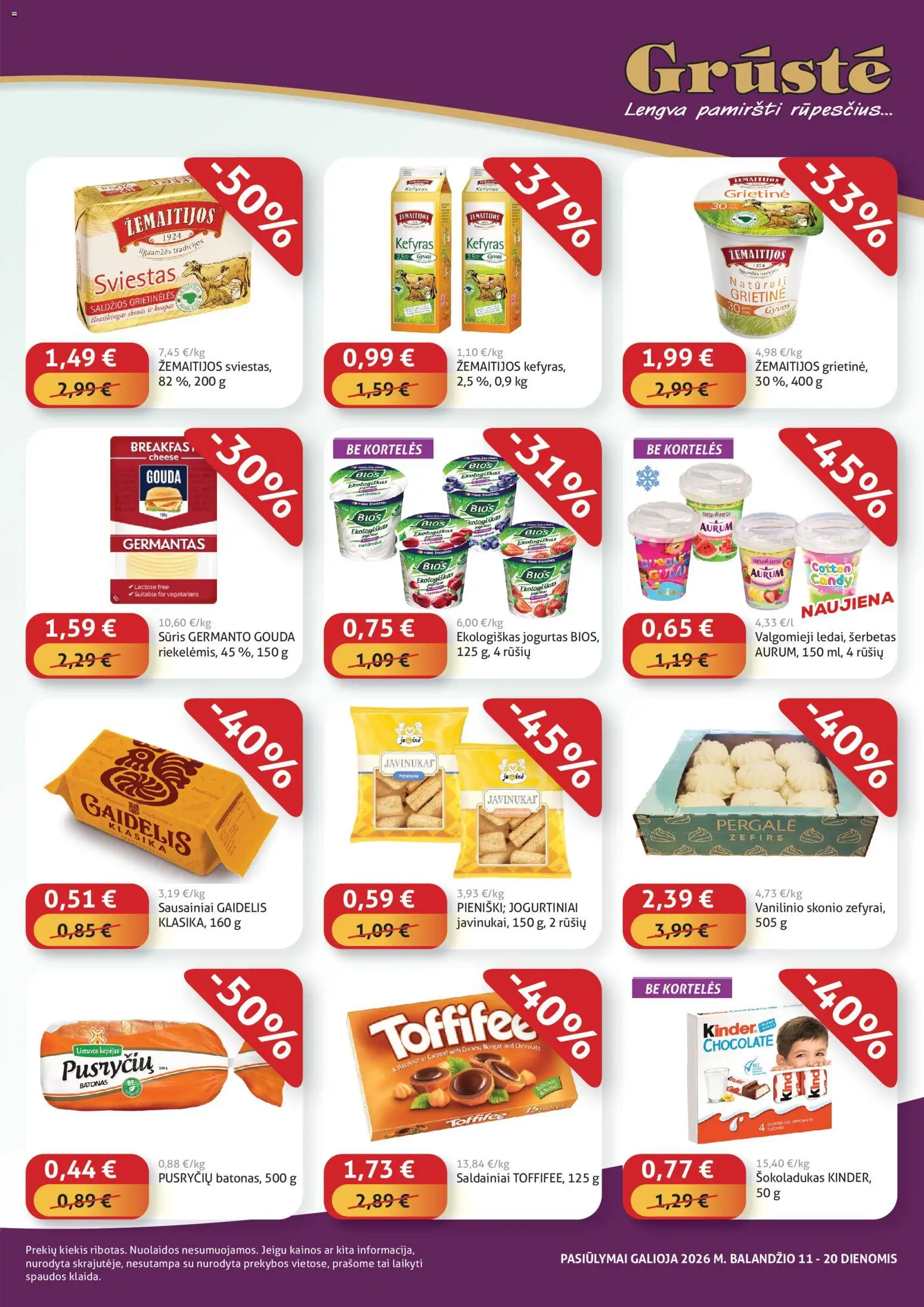 GRUSTE akcijos nuo 11.04.2026 | Puslapis: 3 | Prekių: Batonas, Jogurtas, Grietinė, Saldainiai