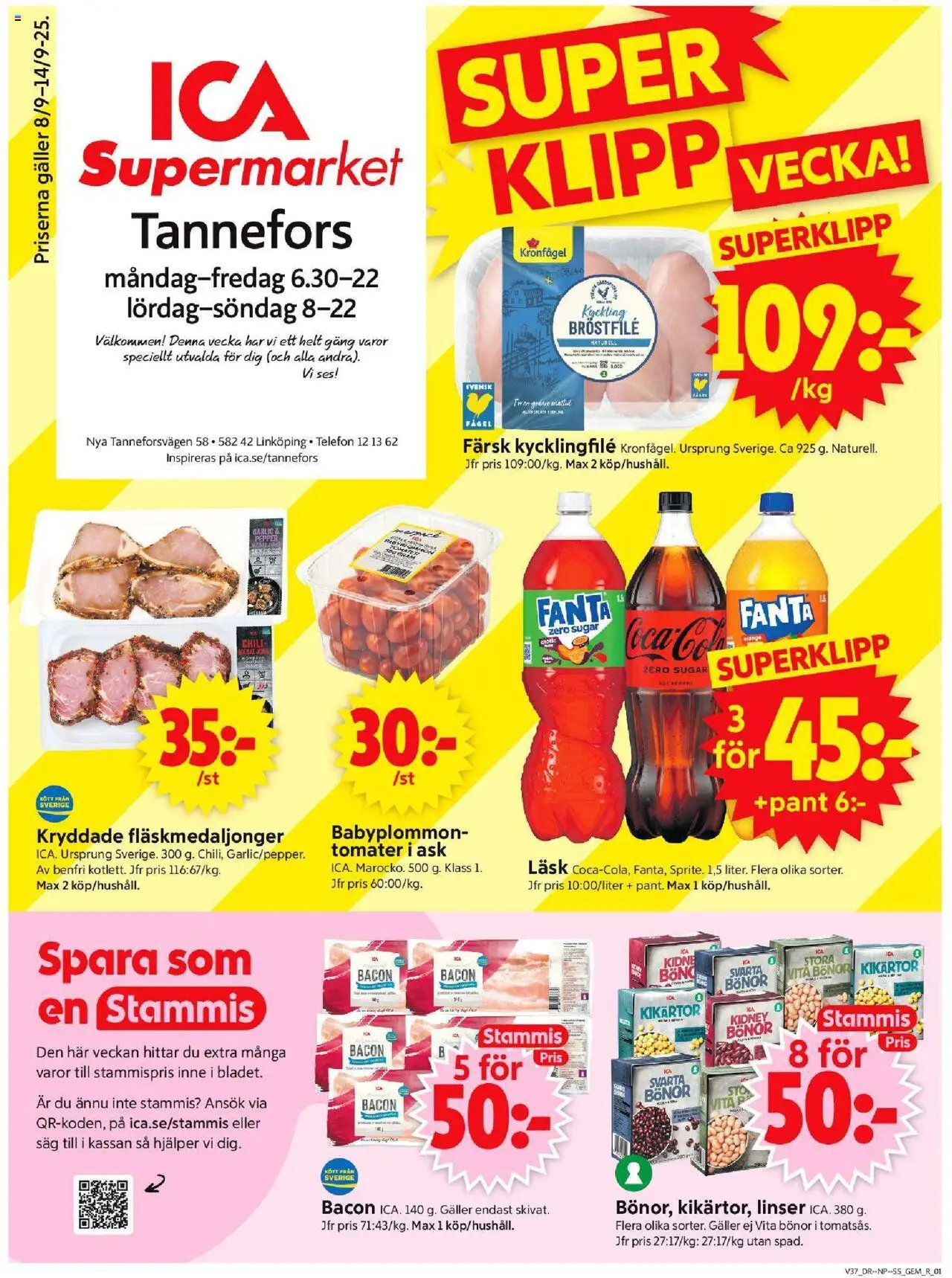ICA Supermarket reklamblad aktuell från 08.09.2025 | Sida: 1 | Produkter: Linser, Såg, Tomater, Telefon