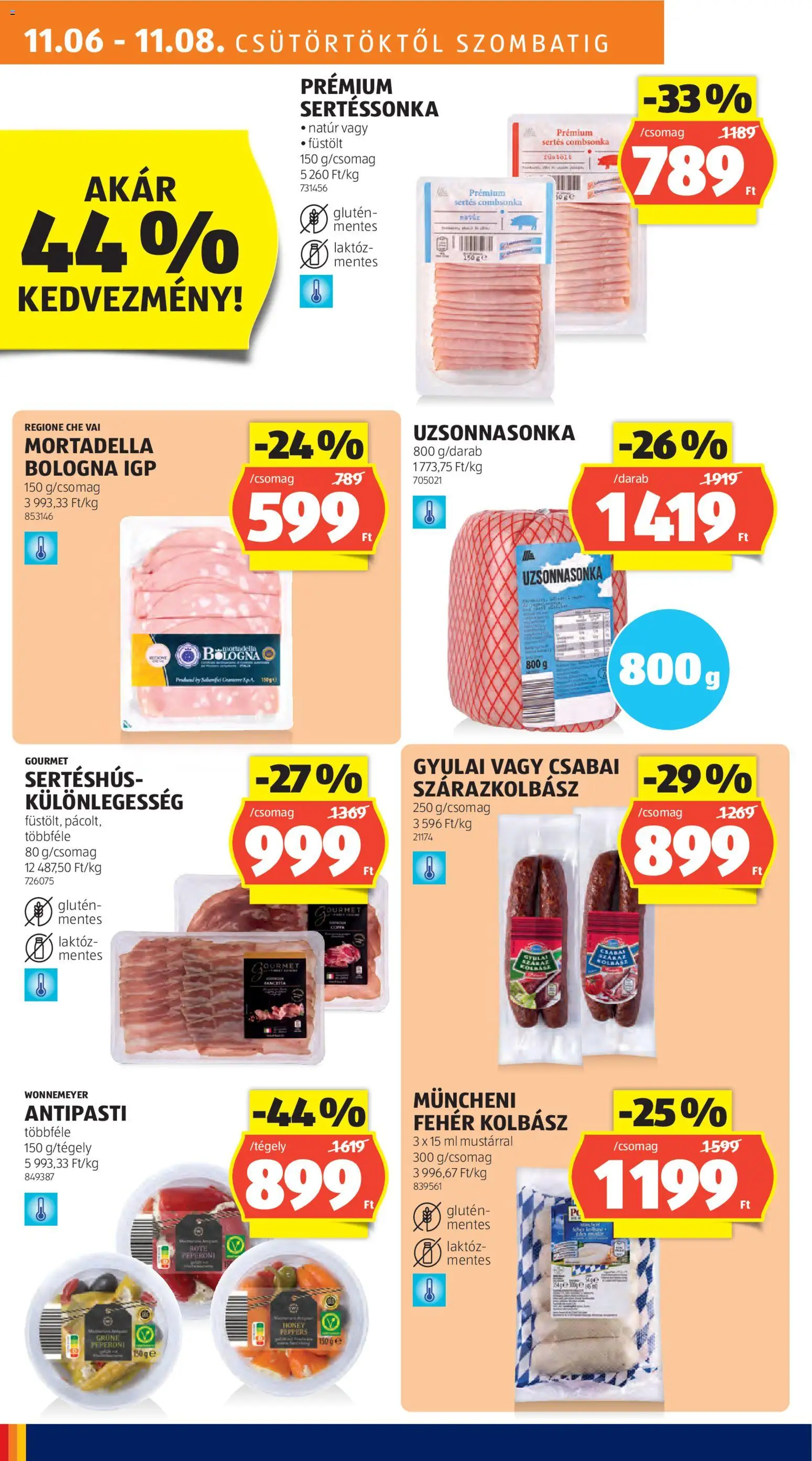 Aldi akciós ujság - amely érvényes a következő dátumtól: 06.11.2025 | Oldal: 8 | Termékek: Antipasti, Fehér kolbász, Sertéshús, Mortadella