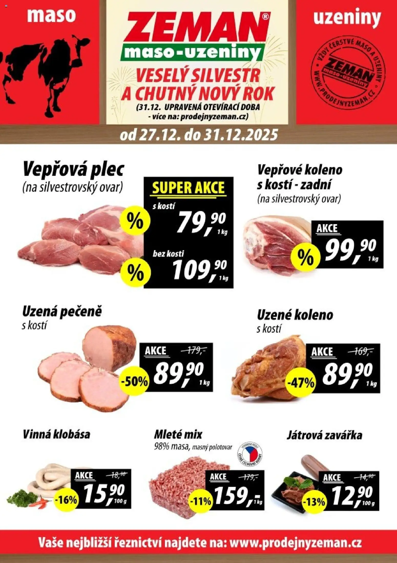Prodejny Zeman leták - Praha  od 27.12.2025 | Strana: 1 | Produkty: Vinná klobása, Maso, Vepřová plec, Uzené koleno