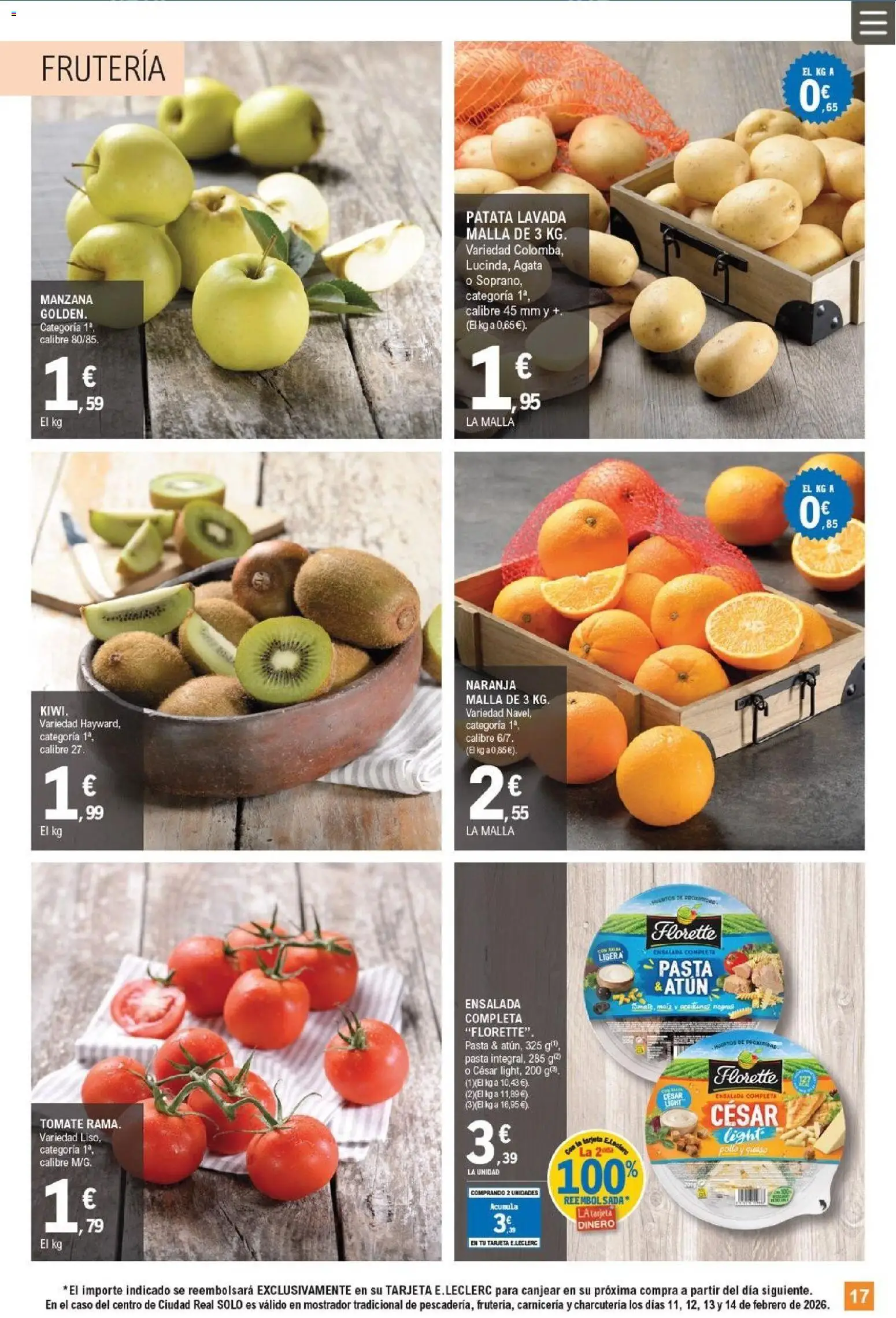 E.Leclerc - Fan precios │ válido desde el 11.02.2026 | Página: 17 | Productos: Queso, Pasta, Manzana, Ensalada