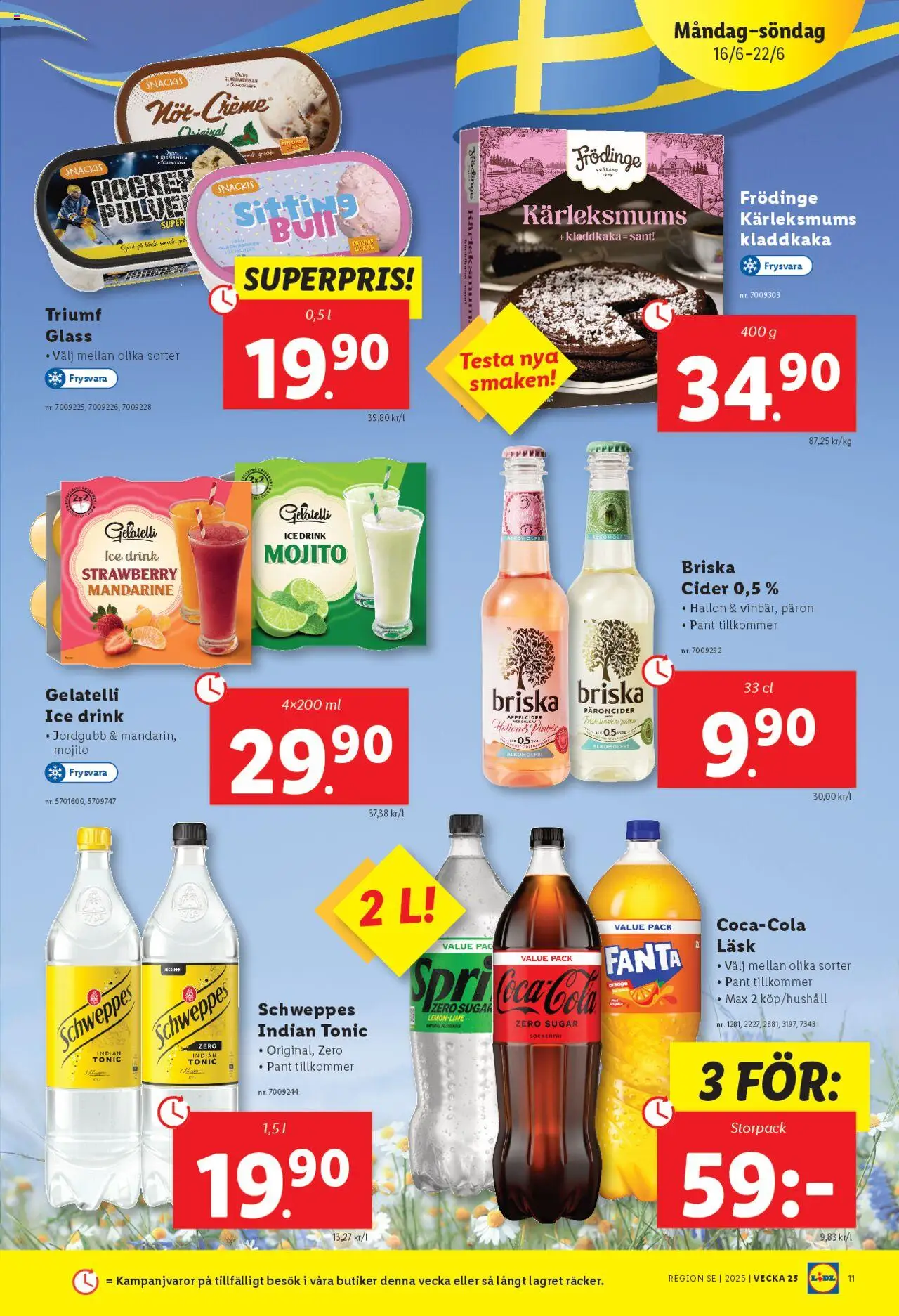 Lidl reklamblad aktuell från 16.06.2025 | Sida: 11 | Produkter: Kladdkaka, Fanta, Cider, Hallon