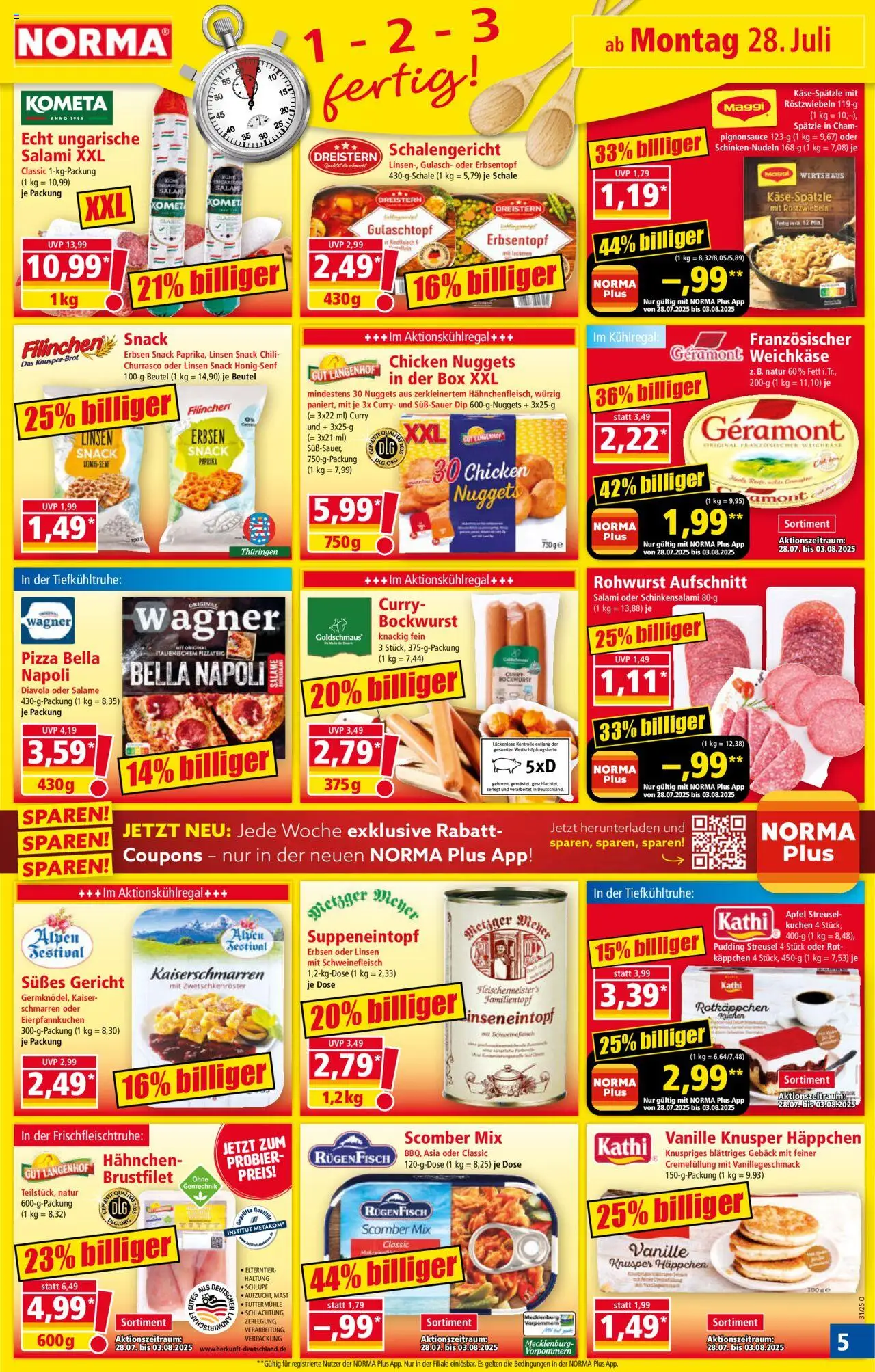 Norma Prospekt 	 - gültig ab dem 28.07.2025 | Seite: 5 | Produkte: Bockwurst, Hahnchen, Box, Rindfleisch
