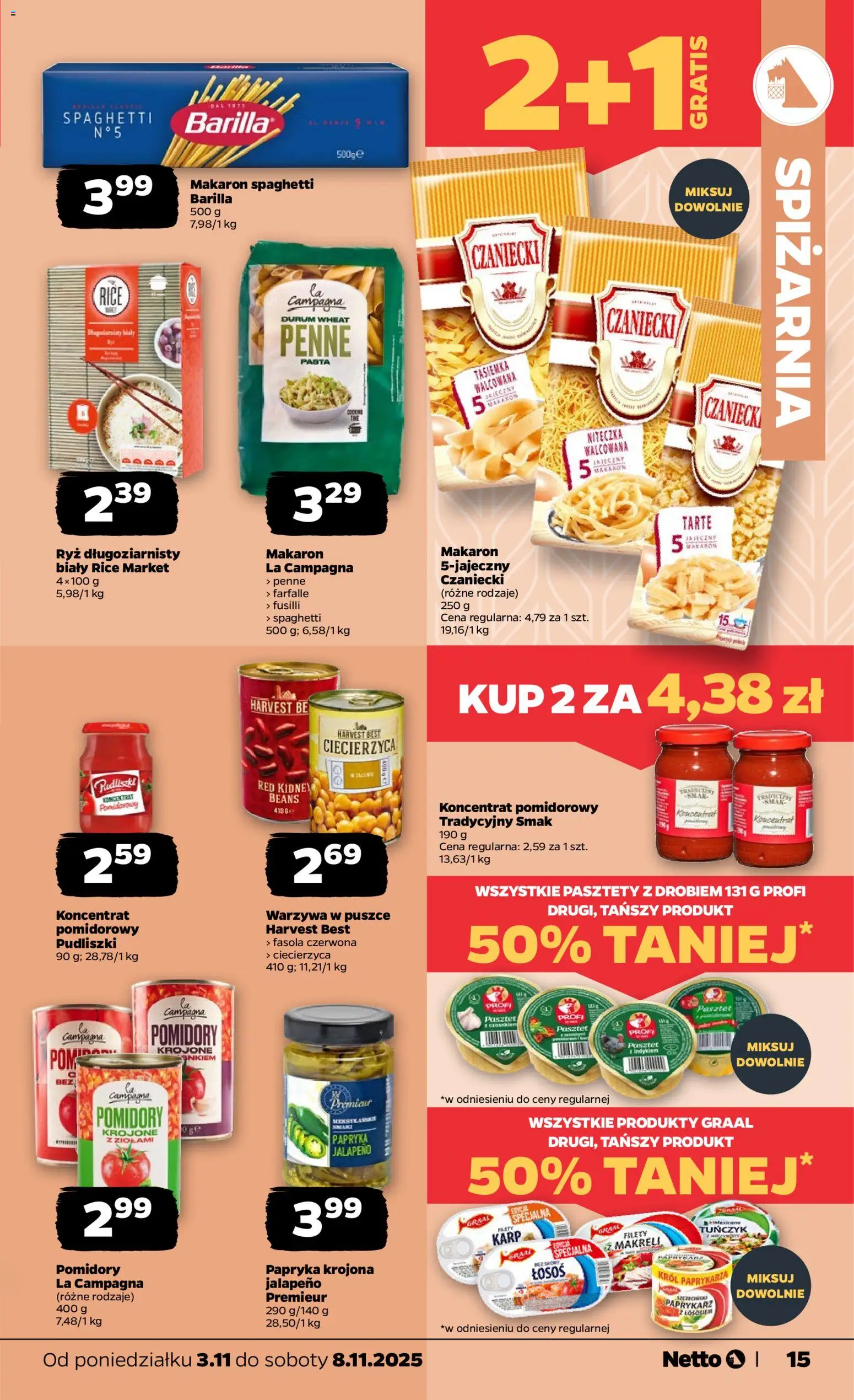 Netto gazetka - Spożywcza od 02.11.2025 | Strona: 15 | Produkty: Paprykarz, Pomidory, Ryż, Makaron