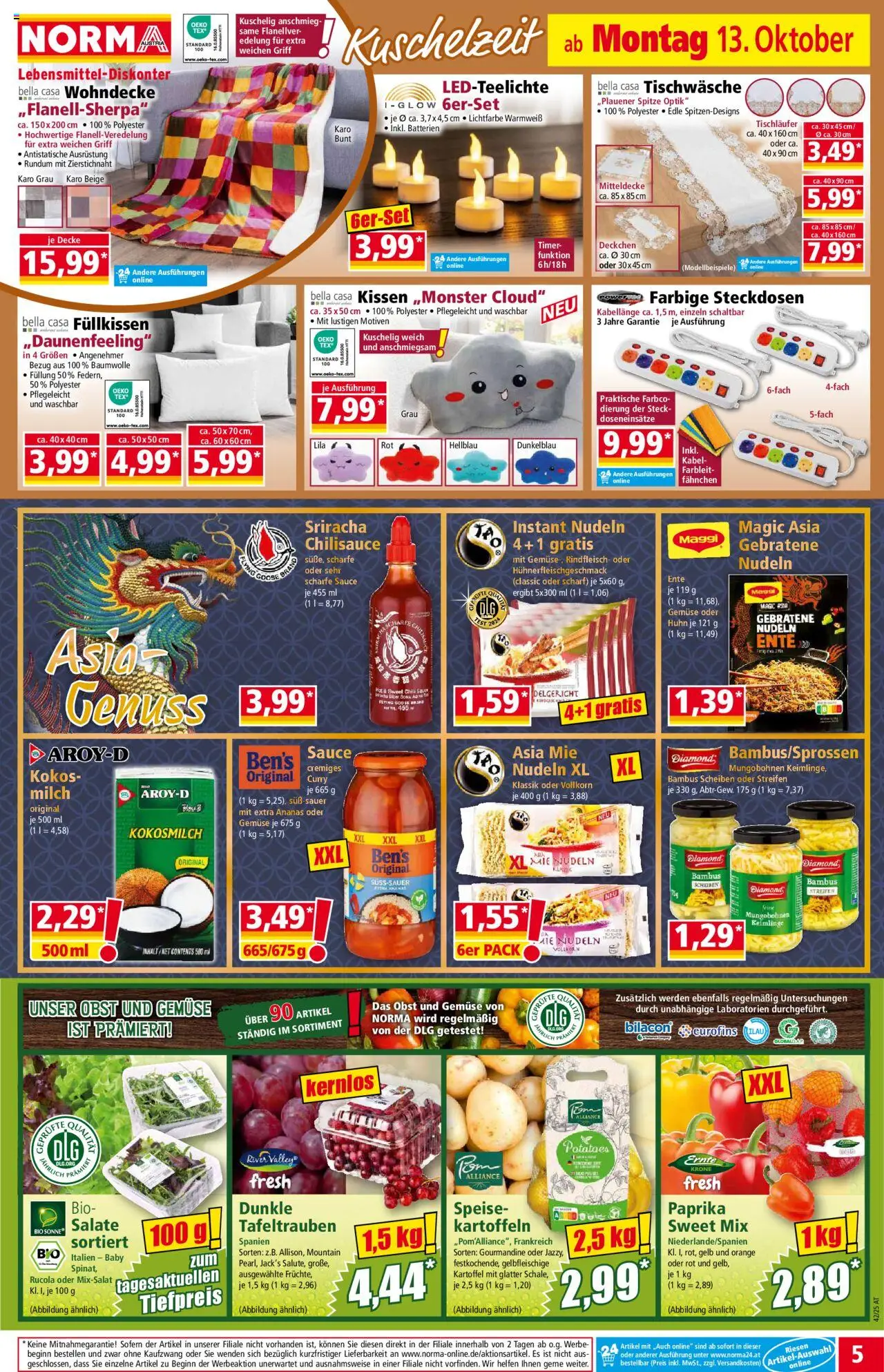 Norma Flugblatt gültig ab 13.10.2025 | Seite: 5 | Produkte: Kartoffeln, Chili, Kissen, Rindfleisch