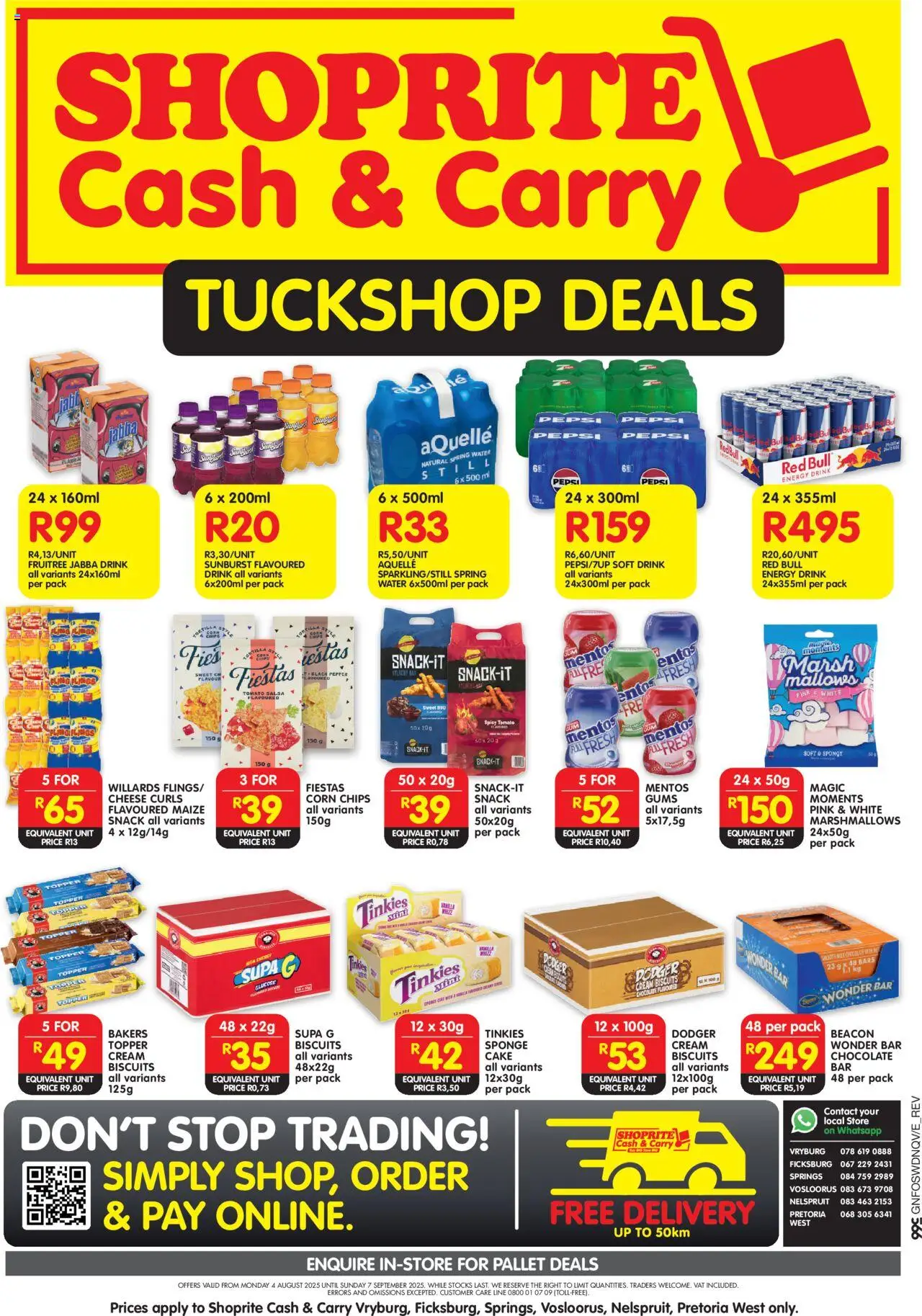 Shoprite Gauteng - Cash & Carry Tuckshop Deals Selected Stores │ valid from 04.08.2025 | Page: 1 | Products: Cake, Corn, Biscuits, Chocolate