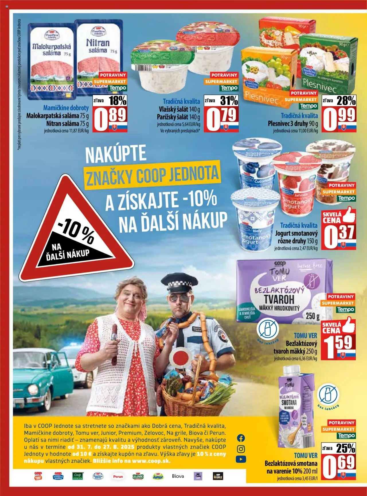 COOP Jednota leták │ platný od 07.08.2025 | Strana: 2 | Produkty: Jogurt, Saláma, Tvaroh, Šalát