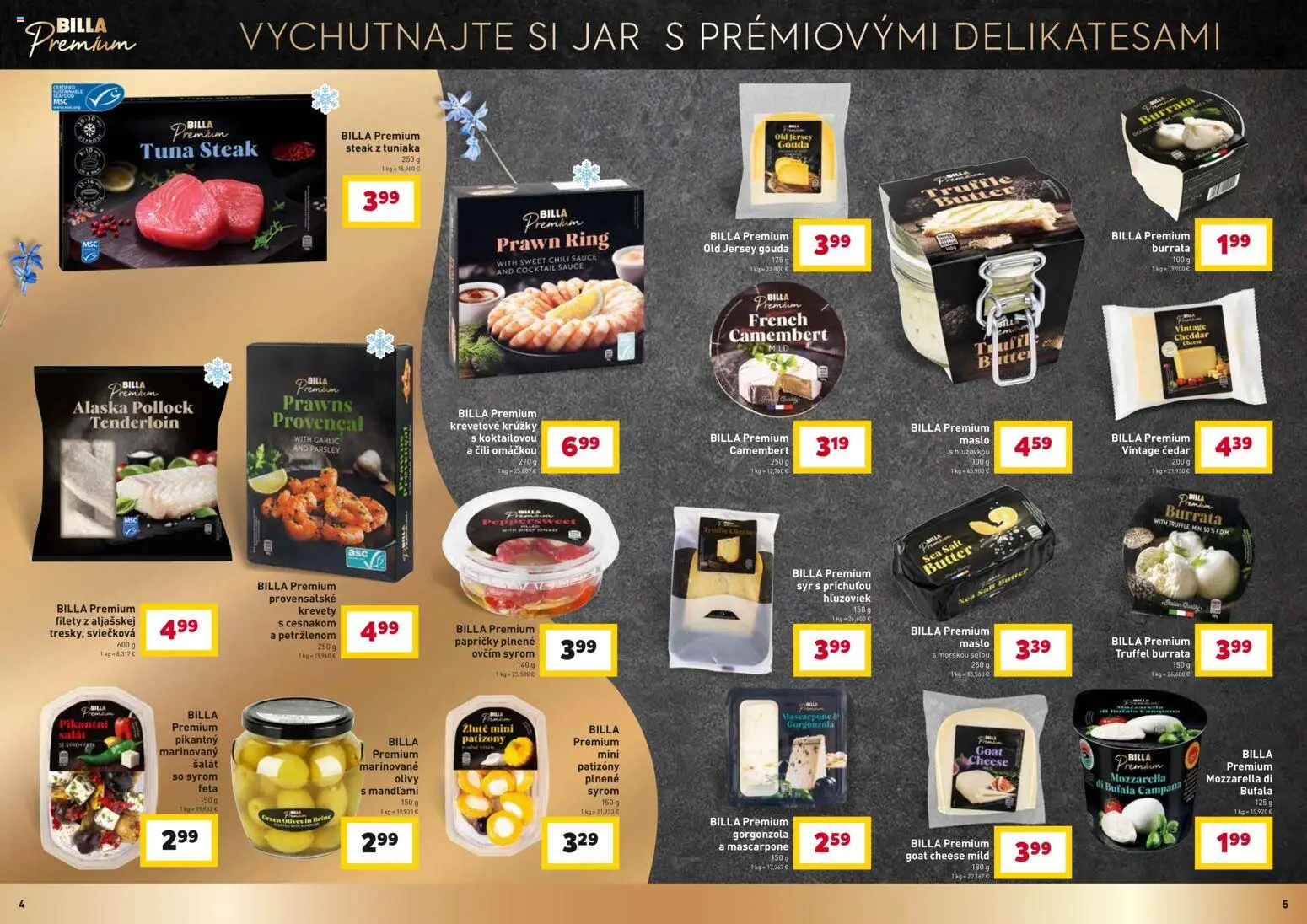 Nové Billa akcie – leták je platný od 11.02.2026 | Strana: 3 | Produkty: Krevety, Feta, Steak, Jar