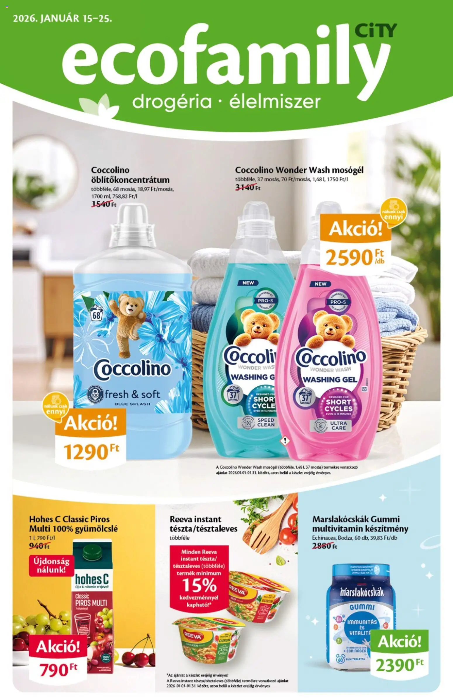EcoFamily akciós ujság - amely érvényes a következő dátumtól: 15.01.2026 | Oldal: 1 | Termékek: Coccolino, Gyümölcslé, Hohes c, Mosógél