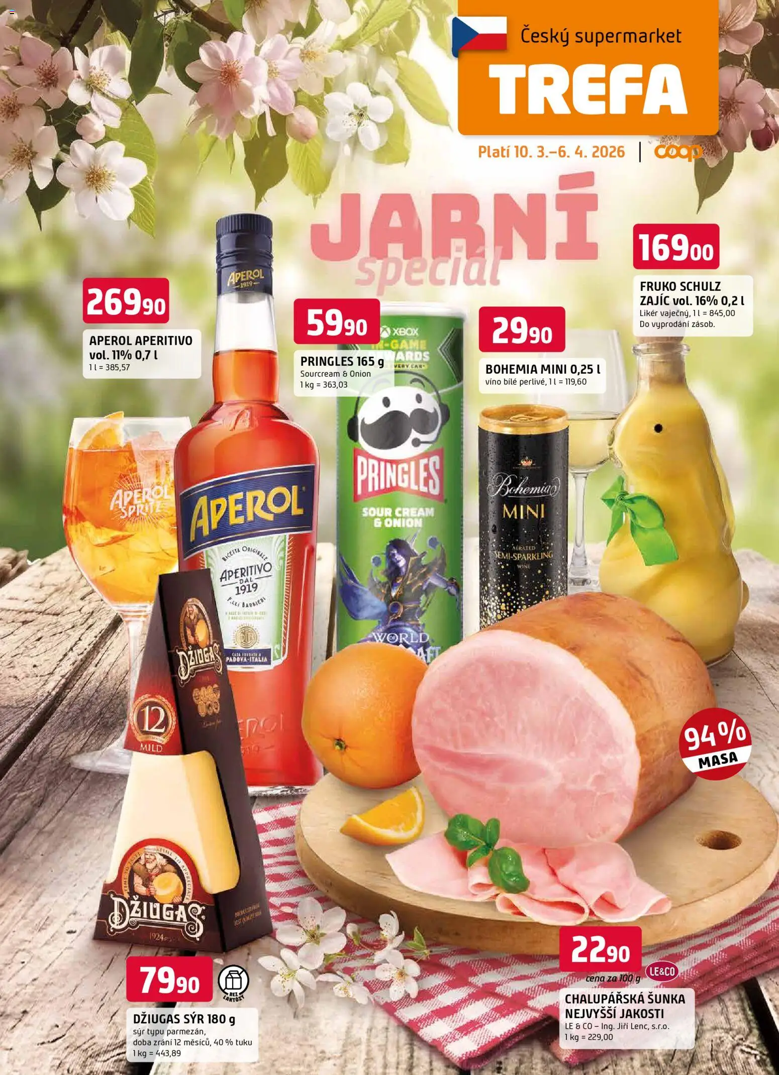 Trefa leták - Jarní speciál od 10.03.2026 | Strana: 1 | Produkty: Šunka, Víno, Pringles, Aperol