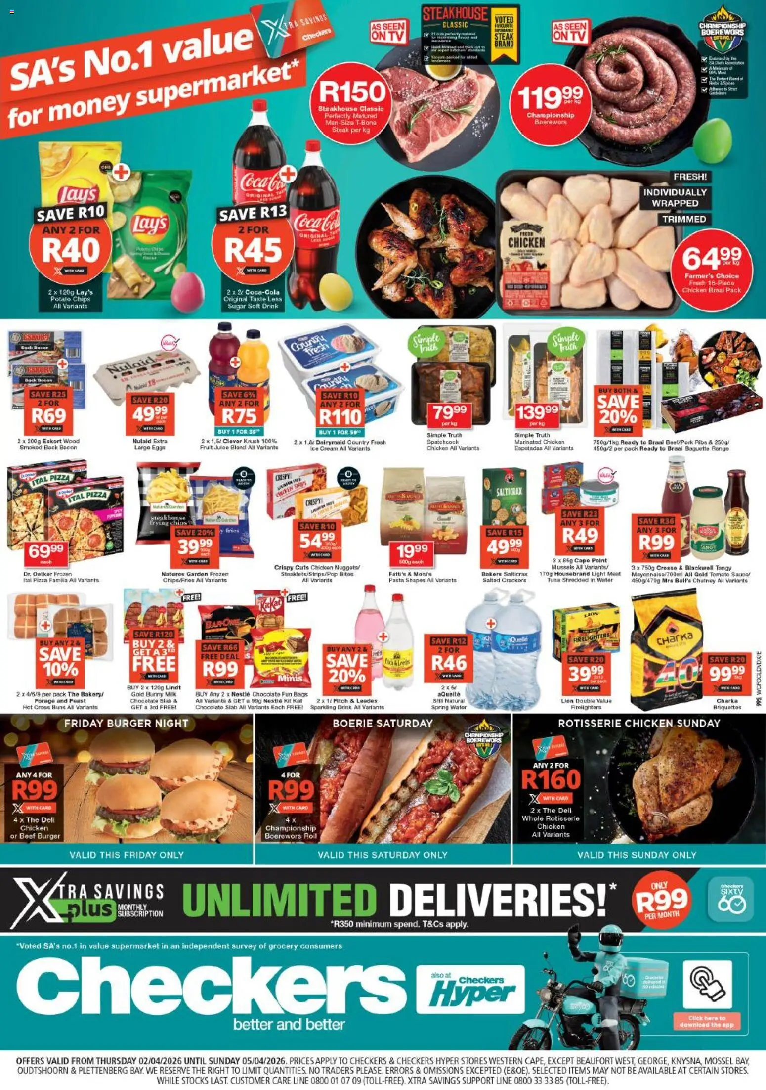New Checkers catalogue – valid from 02.04.2026 | Page: 1 | Products: Buns, Ribs, Pizza, Juice