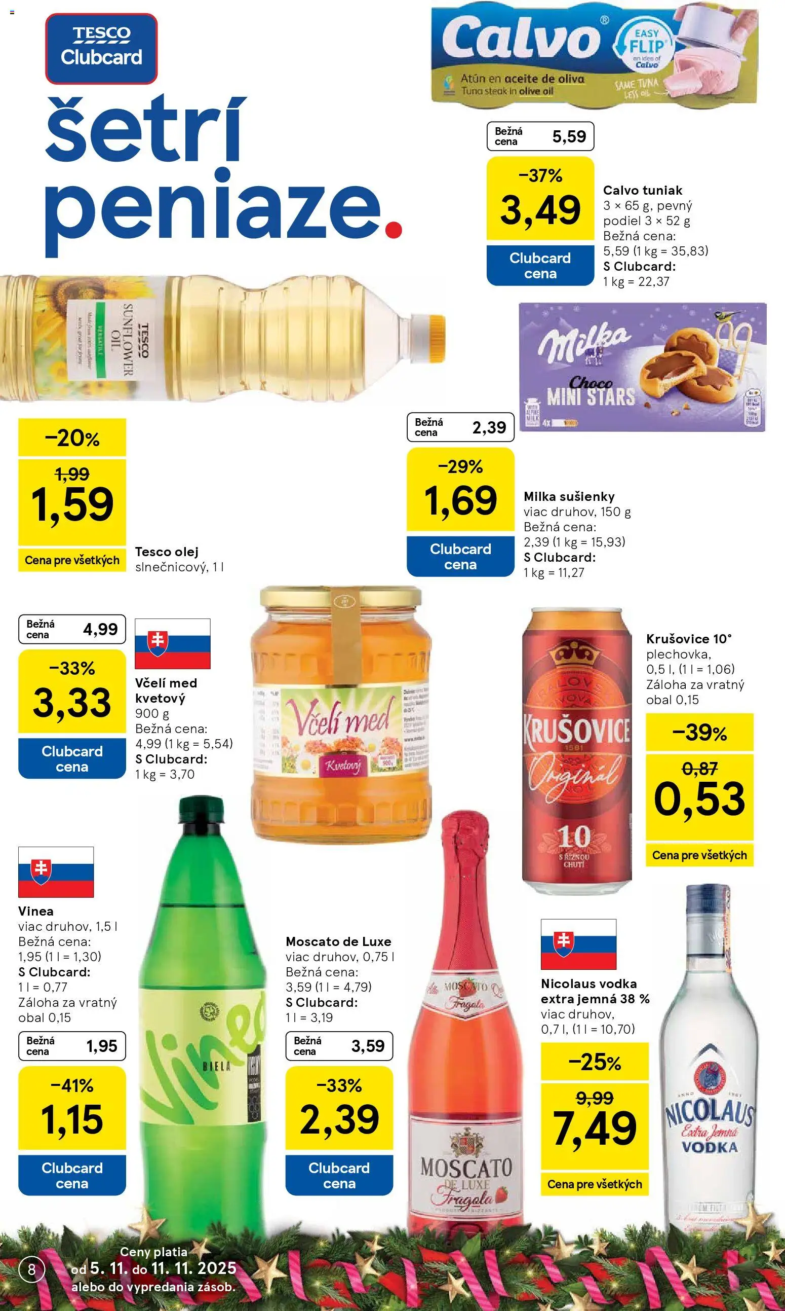 Nové Tesco akcie – leták je platný od 05.11.2025 | Strana: 8 | Produkty: Tuniak, Vodka, Steak, Nicolaus vodka