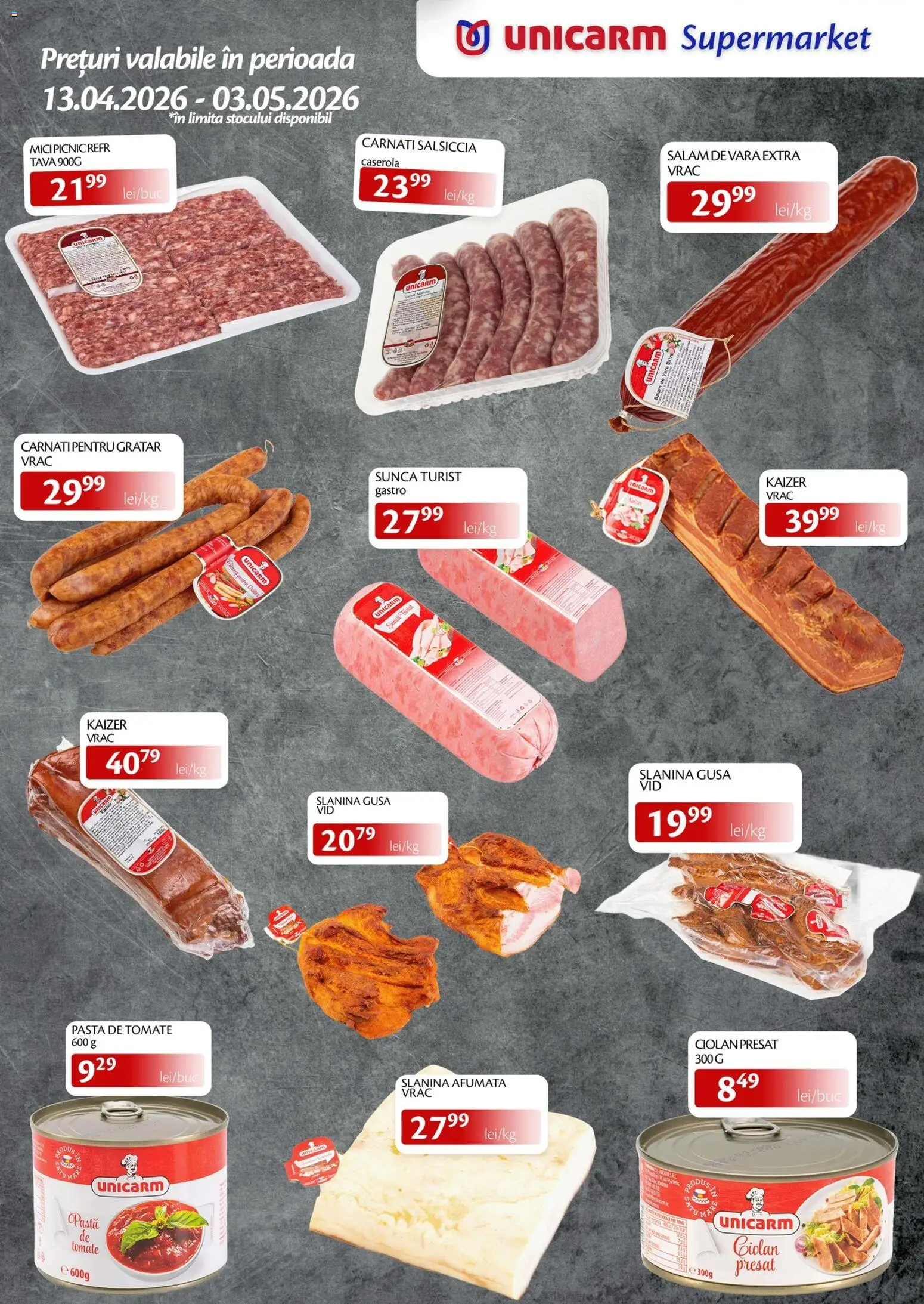 Noul catalog Unicarm – valabil de la 13.04.2026 | Pagină: 2 | Produse: Mici, Pastă de tomate, Salam, Cârnați