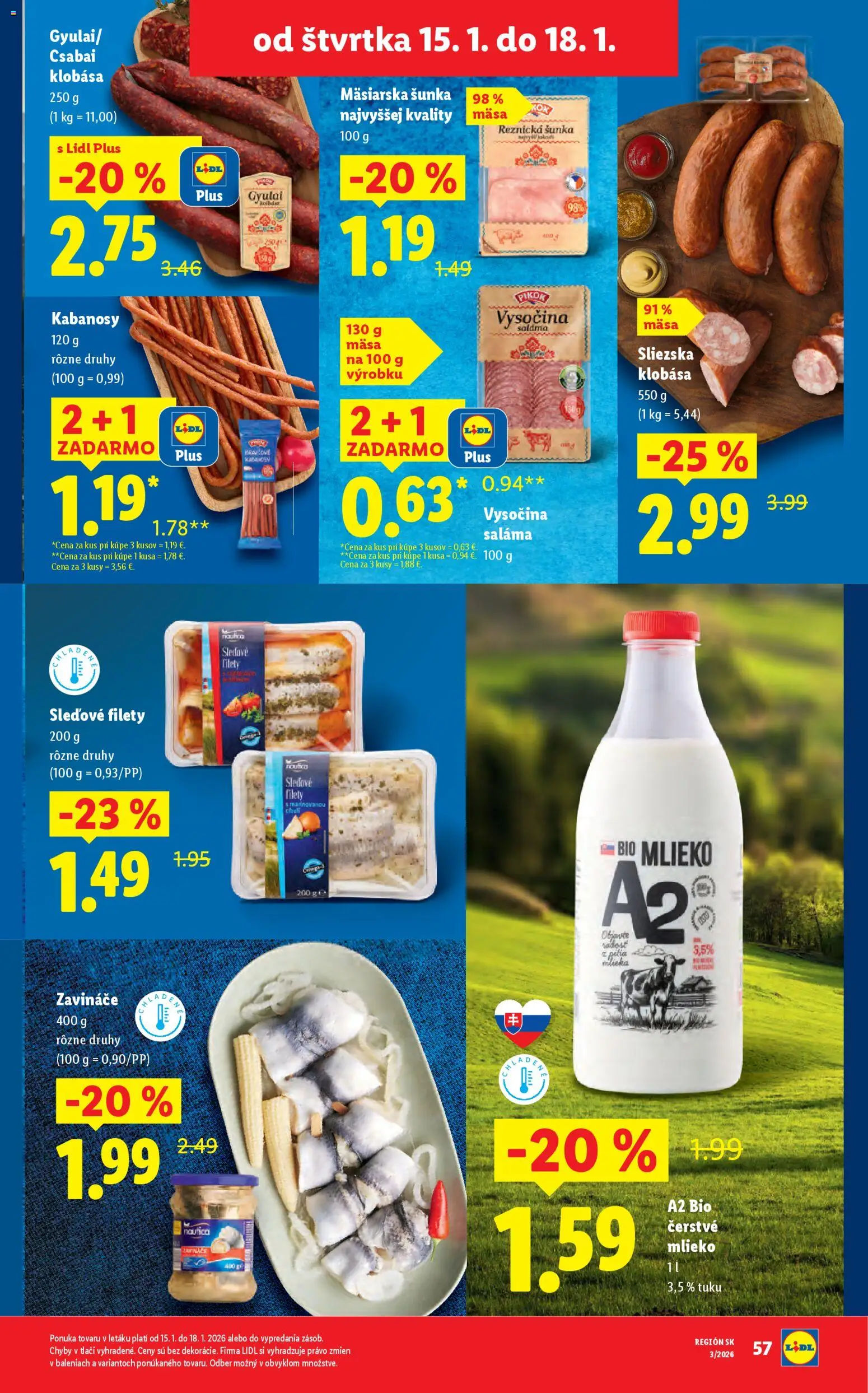 Nové Lidl akcie – leták je platný od 12.01.2026 | Strana: 59 | Produkty: Mlieko, Saláma, Šunka, Klobása