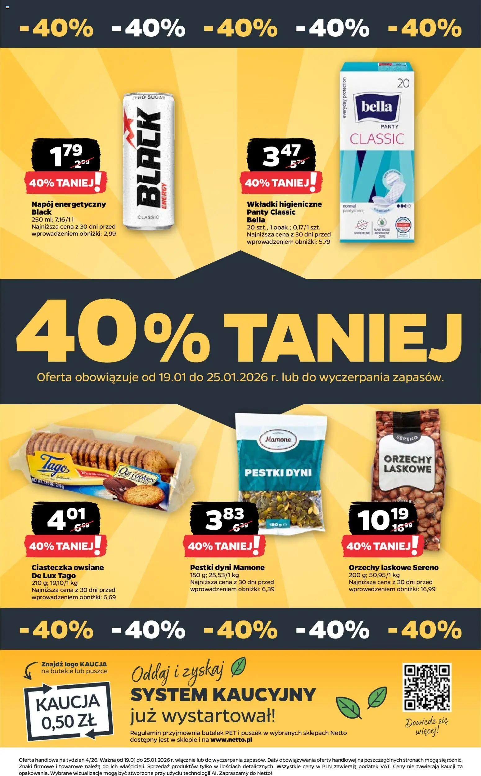 Netto gazetka - Spożywcza od 19.01.2026 | Strona: 32 | Produkty: Ciasteczka owsiane, Wkładki higieniczne, Orzechy laskowe, Orzechy