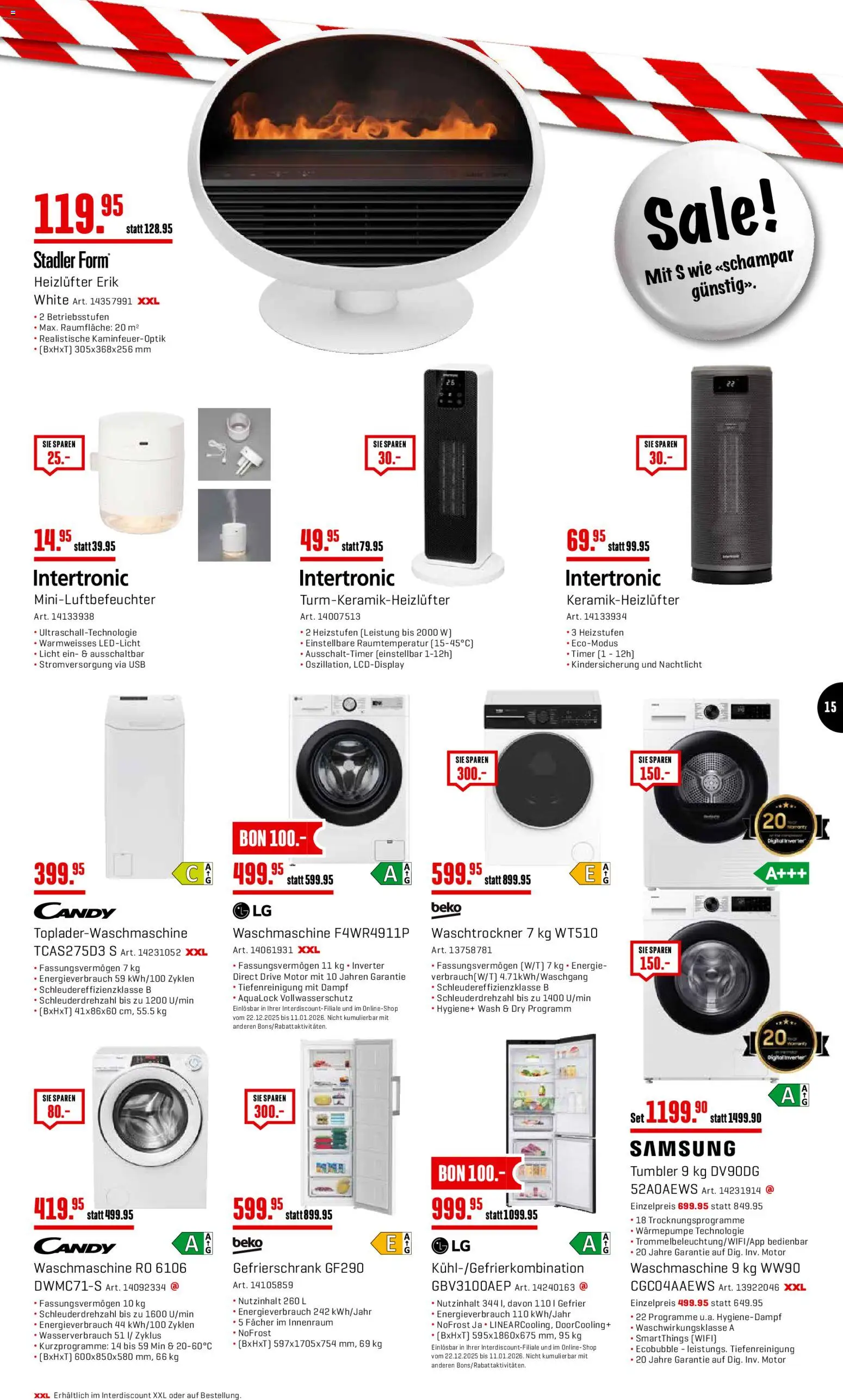 Interdiscount Aktionen – gültig ab 22.12.2025 | Seite: 15 | Produkte: Nachtlicht, Waschtrockner, Gefrierschrank, Waschmaschine
