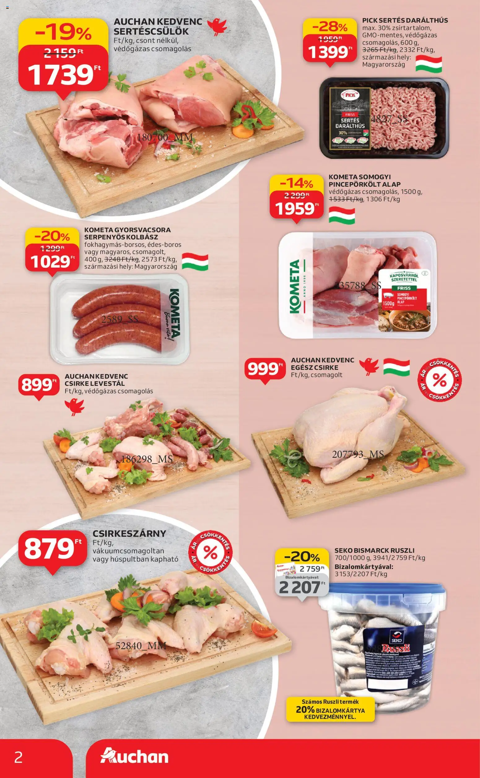 Auchan akciós ujság - amely érvényes a következő dátumtól: 02.01.2026 | Oldal: 2 | Termékek: Kolbász, Egész csirke, Sertéscsülök, Pick