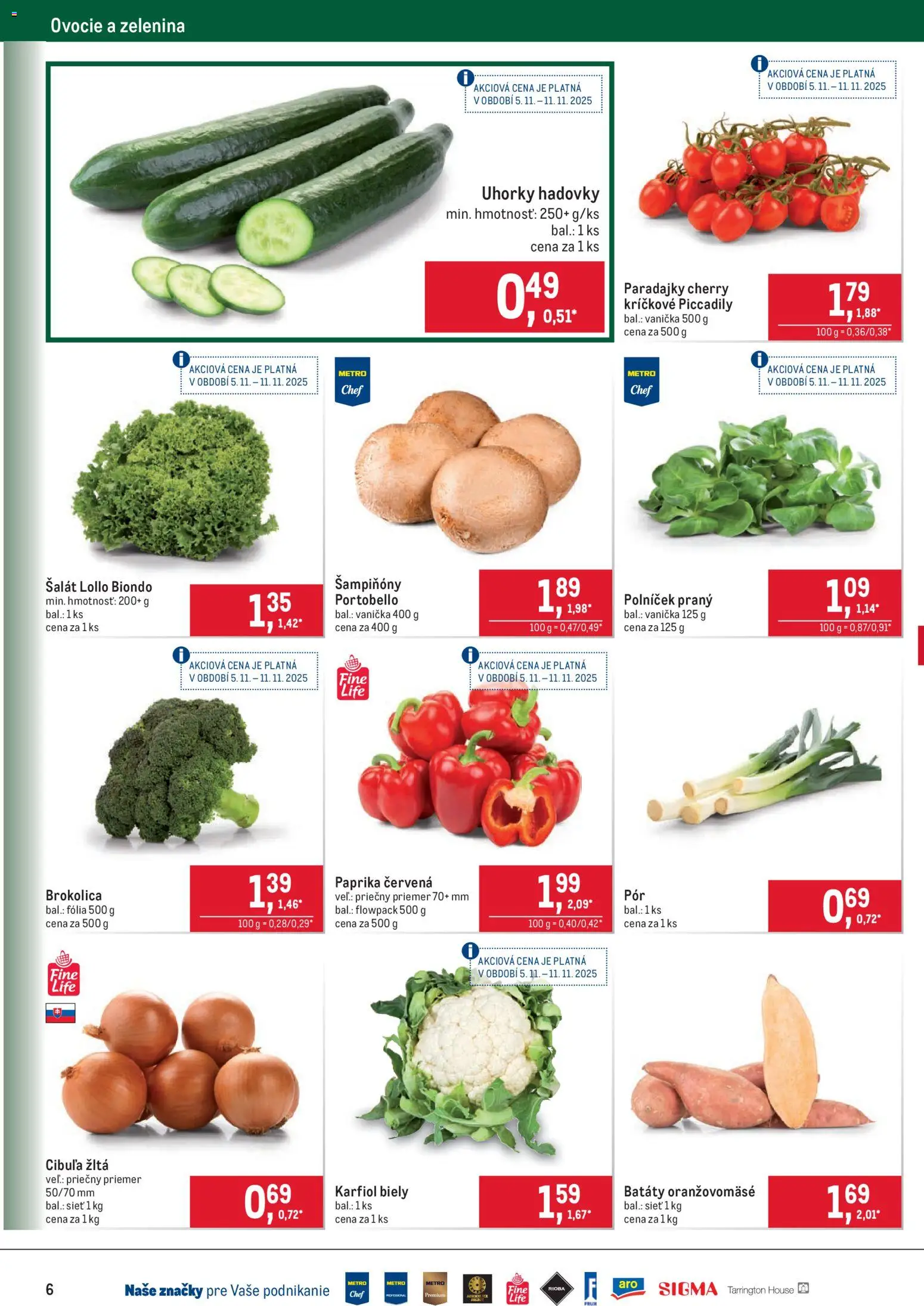 Nové Metro akcie – leták je platný od 05.11.2025 | Strana: 6 | Produkty: Karfiol, Šalát, Uhorky, Ovocie