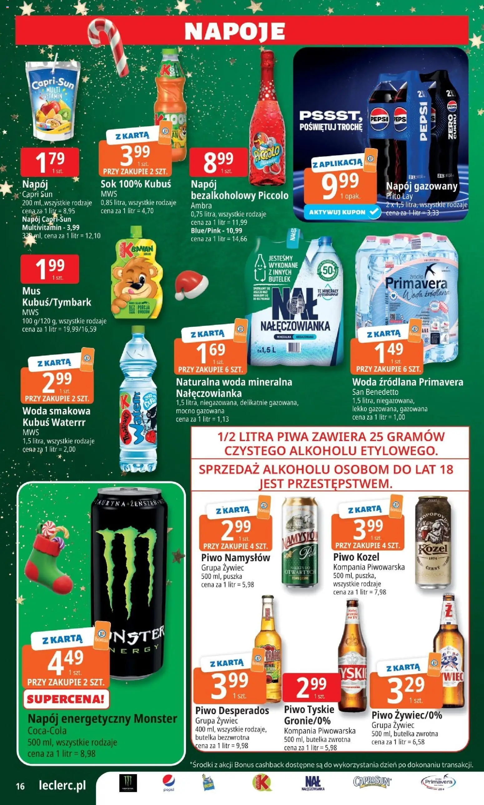 E.Leclerc Gazetka - Warszawa Jerozolimskie od 25.11.2025 | Strona: 16 | Produkty: Woda źródlana, Piwo Desperados, Banan, Woda