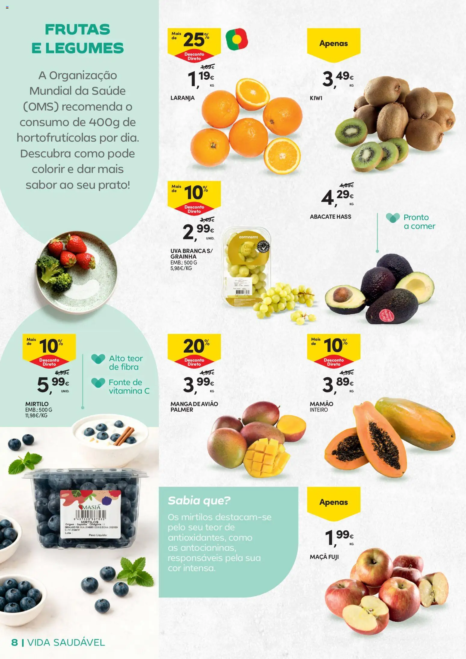 Continente - Vida Saudável: Passe a comer melhor │ válido de 20.01.2026 | Página: 8 | Produtos: Abacate, Vitamina c, Mirtilos, Mamão