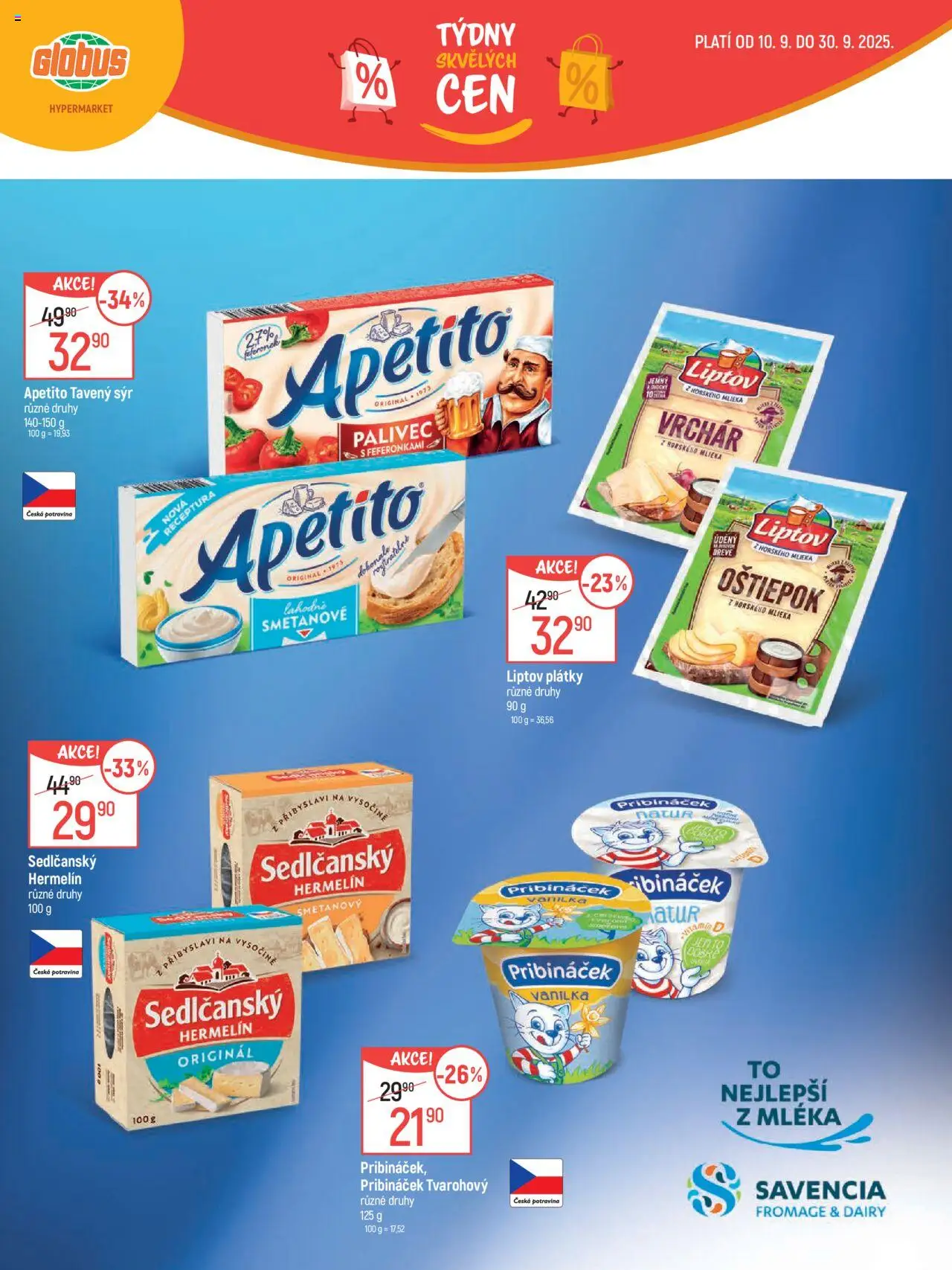 Globus leták - Chomutov od 10.09.2025 | Strana: 3 | Produkty: Tavený sýr, Sedlčanský Hermelín, Pribináček, Hermelín