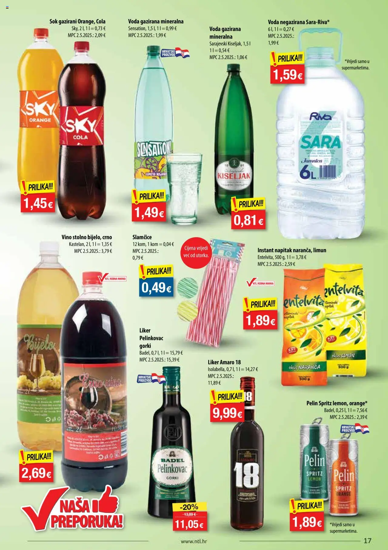NTL katalog | vrijedi od 30.07.2025 | Stranica: 17 | Proizvodi: Gazirana mineralna voda, Pelinkovac, Sok, Vino