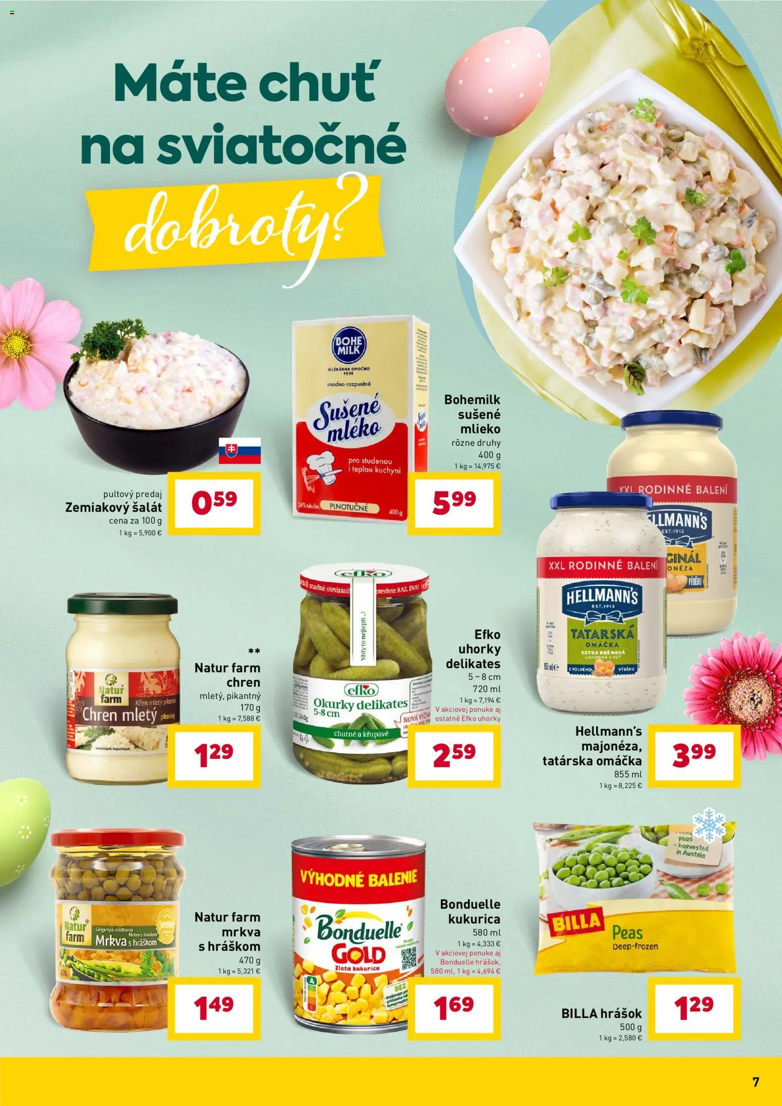 Nové Billa akcie – leták je platný od 11.03.2026 | Strana: 7 | Produkty: Hrášok, Šalát, Tatárska omáčka, Kukurica