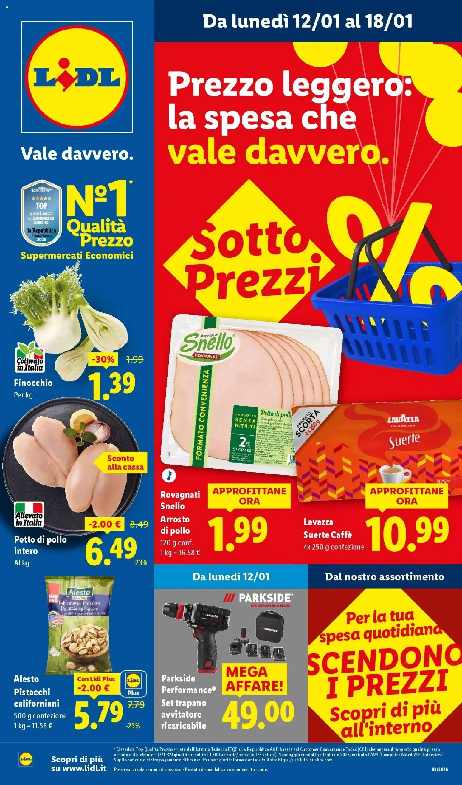 Volantino Lidl del 12.01.2026 | Pagina: 1 | Prodotti: Petto di Pollo, Avvitatore, Pistacchi, Lavazza
