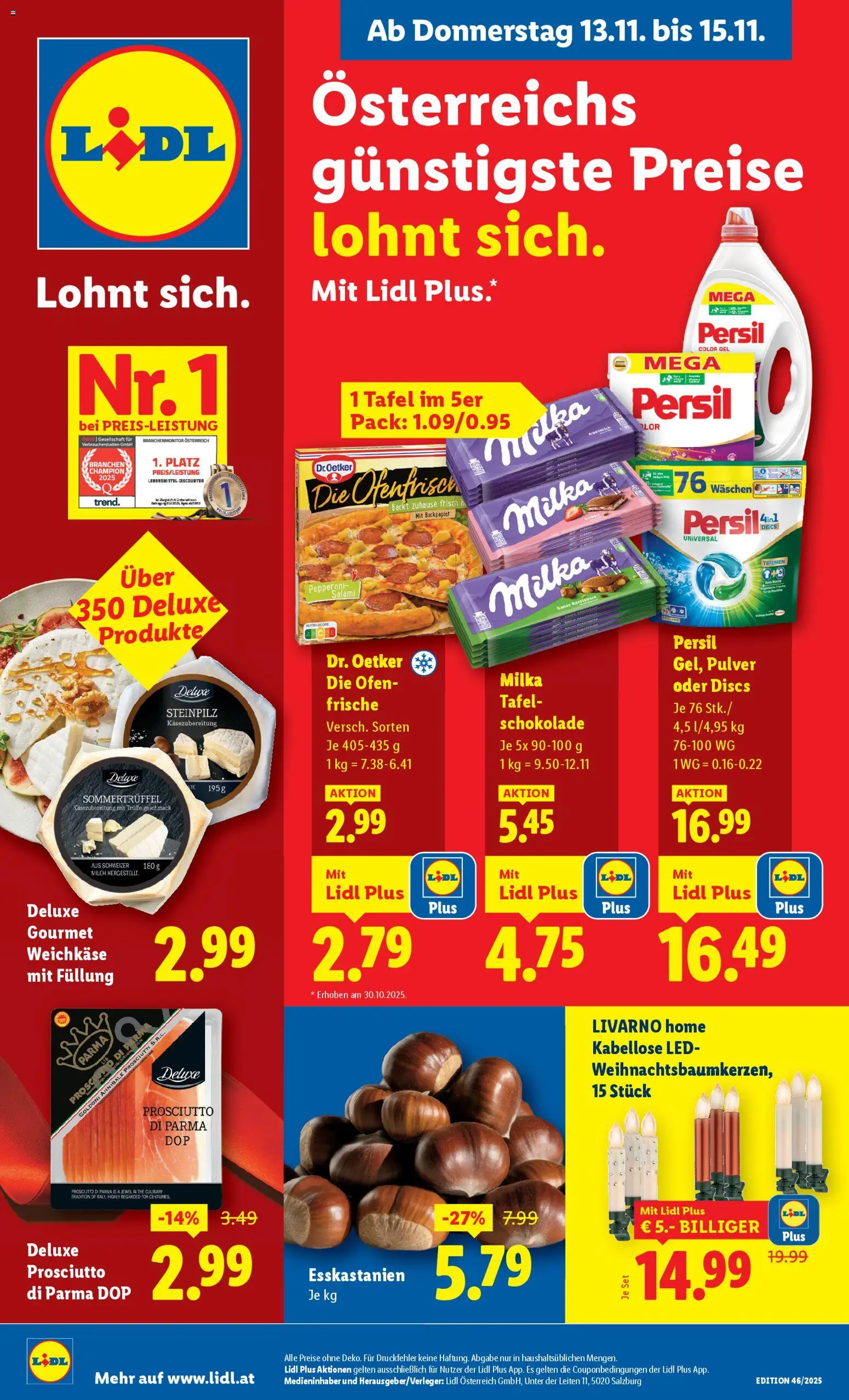 Lidl Flugblatt - Altenmarkt im Pongau, St. Johann im Pongau, Zell am See gültig ab 13.11.2025 | Seite: 1 | Produkte: Ofen, Milch, Schokolade, Salami