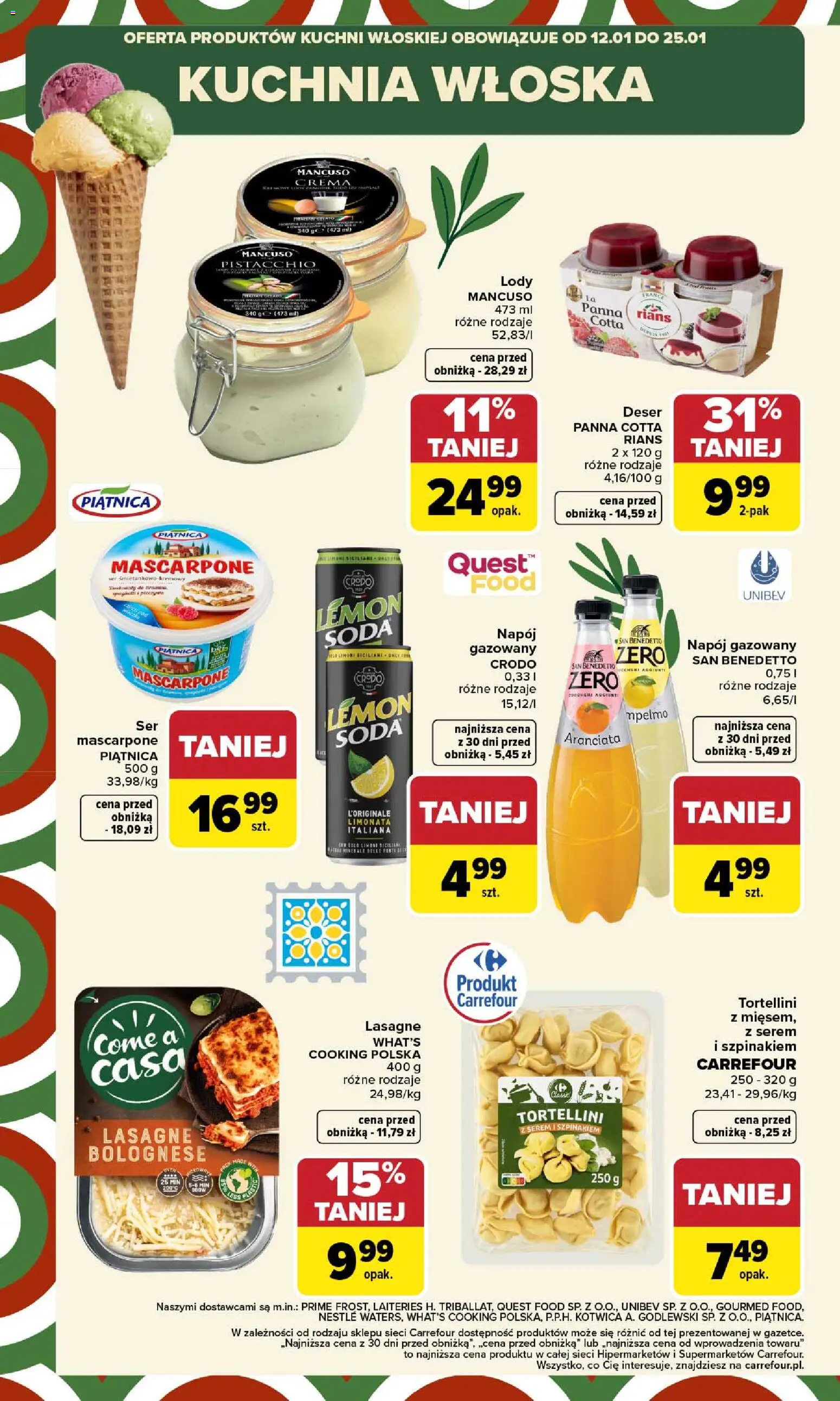 Carrefour Gazetka - Kuchnia włoska od 12.01.2026 | Strona: 12 | Produkty: Tortellini, Lasagne, Mascarpone, Lody