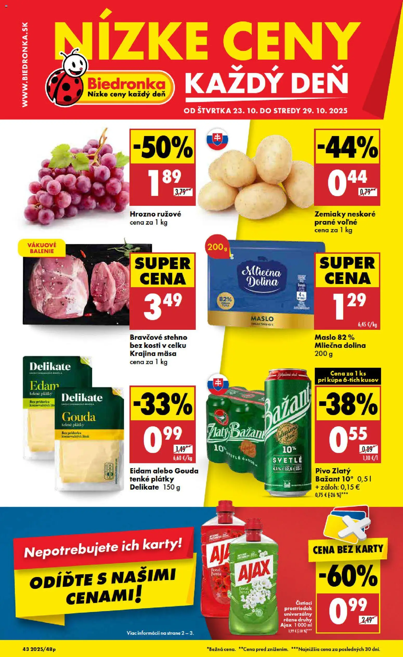 Nové Biedronka akcie – leták je platný od 23.10.2025 | Strana: 1 | Produkty: Pivo, Gouda, Bravčové stehno, Hrozno