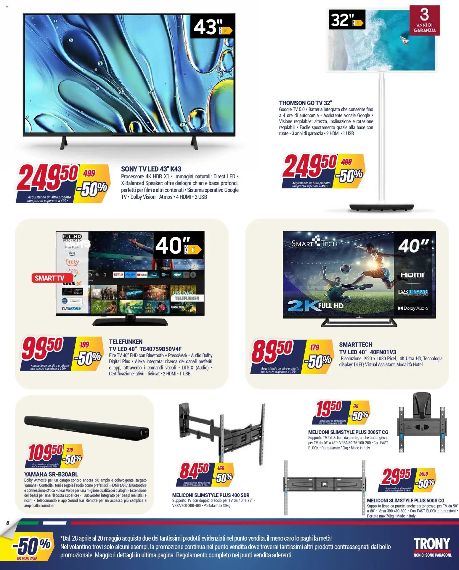 Volantino Trony del 28.04.2026 | Pagina: 6 | Prodotti: Soundbar, TV, USB, Batteria