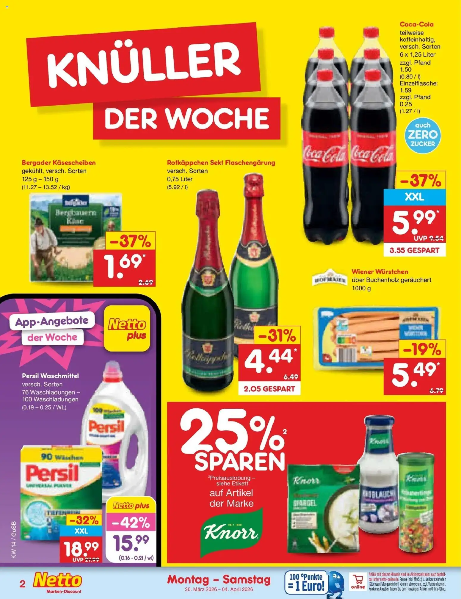 Netto Marken-Discount Prospekt Machern	 – gültig ab 30.03.2026 | Seite: 2 | Produkte: Wiener wurstchen, Cola, Sekt, Persil