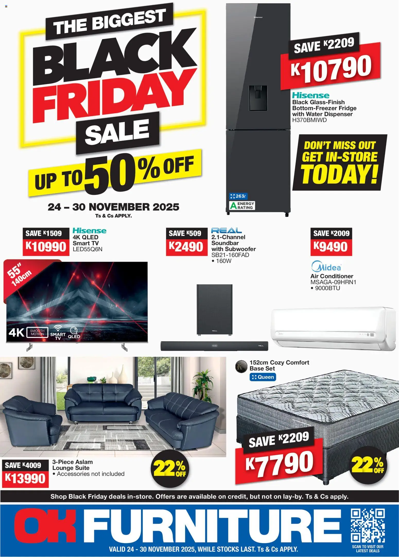 New OK Furniture catalogue – valid from 24.11.2025 | Page: 1 | Products: Air conditioner, Lounge suite, Soundbar, Conditioner